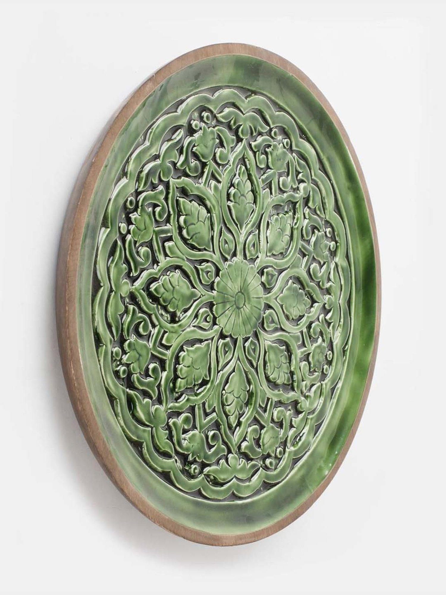 Fabindia Home Gulmohar Green Wood Hand Carved Wall Plate