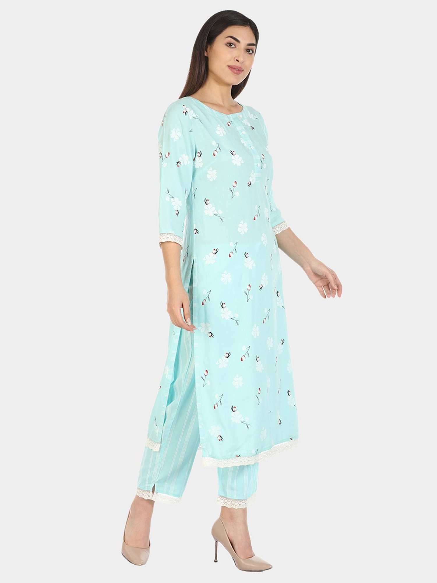 Mustard Blue Printed Straight Kurta