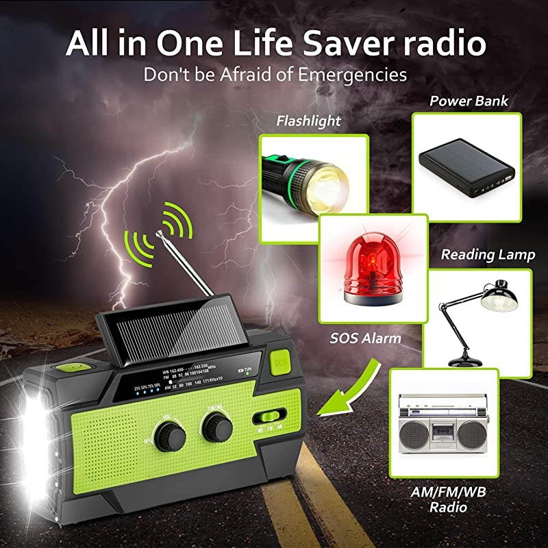 Flashlight Radio2020 Upgraded AMFMNOAA Weather Solar Crank Radio with 4000 mAh Replaceable Liion Battery Sensor Reading Lamp3 Modes FlashlightPhone Charger for Hurricanes Tornadoes