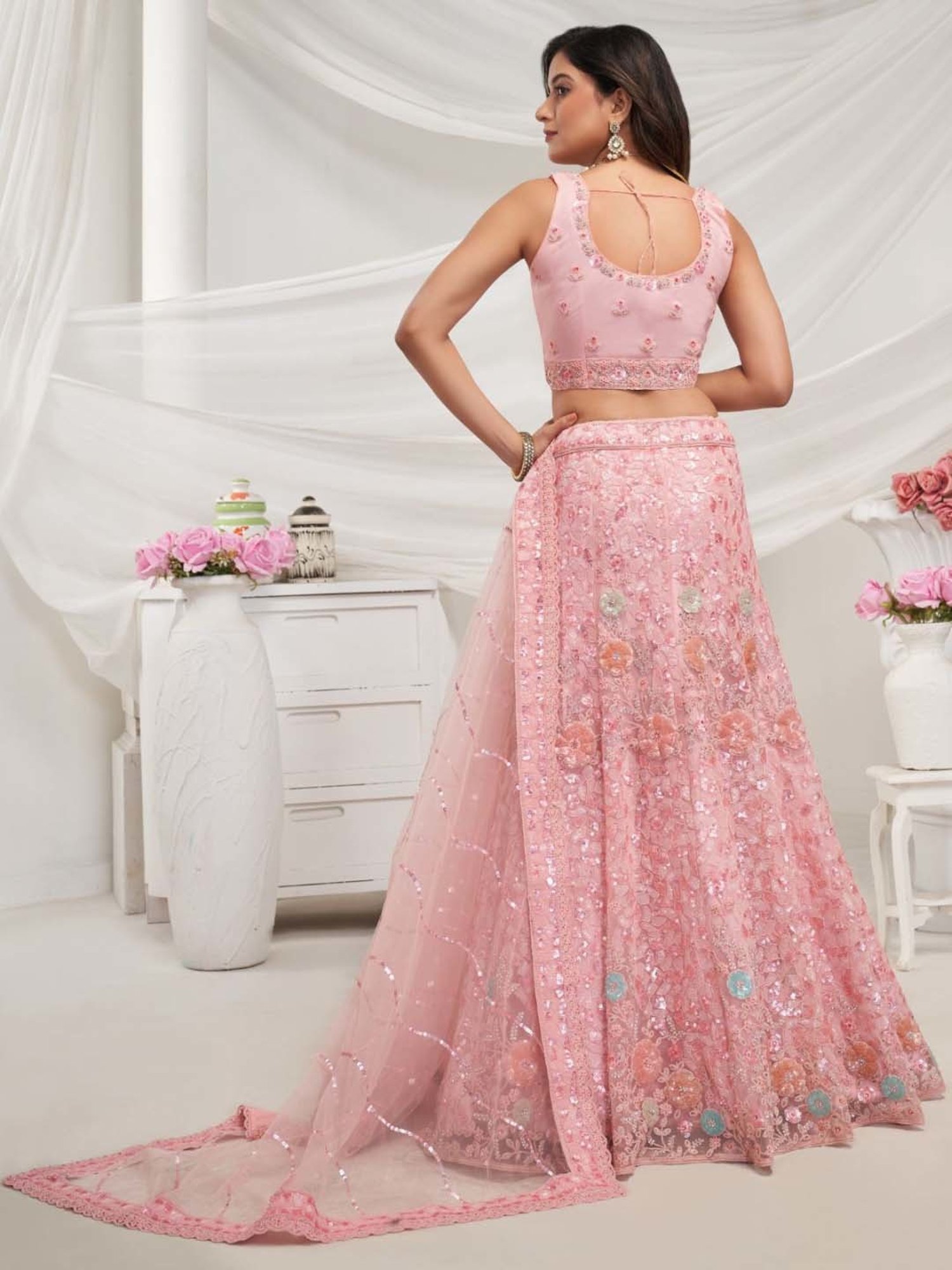 Odette Pink Embroidered Lehenga Choli Set With Dupatta