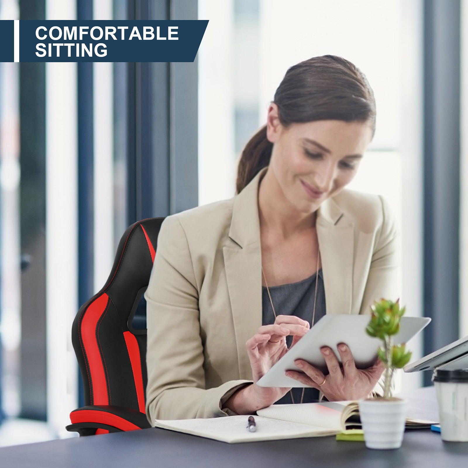 YOUTHUP Office Chair Adjustable Ergonomic Leather Gaming Chair Swivel Rolling Computer Desk Chair with Lumbar Support,Black and Red