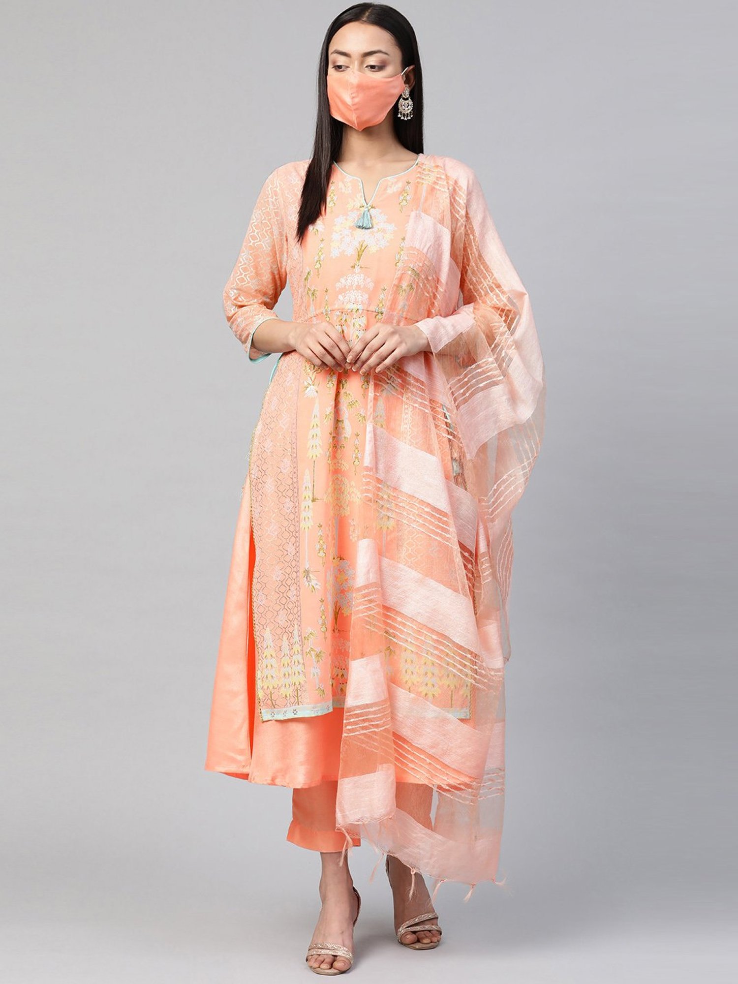 Juniper Orange Ethnic Motif Printed Georgette Kurta Pants & Dupatta Set With Tassels & Lace