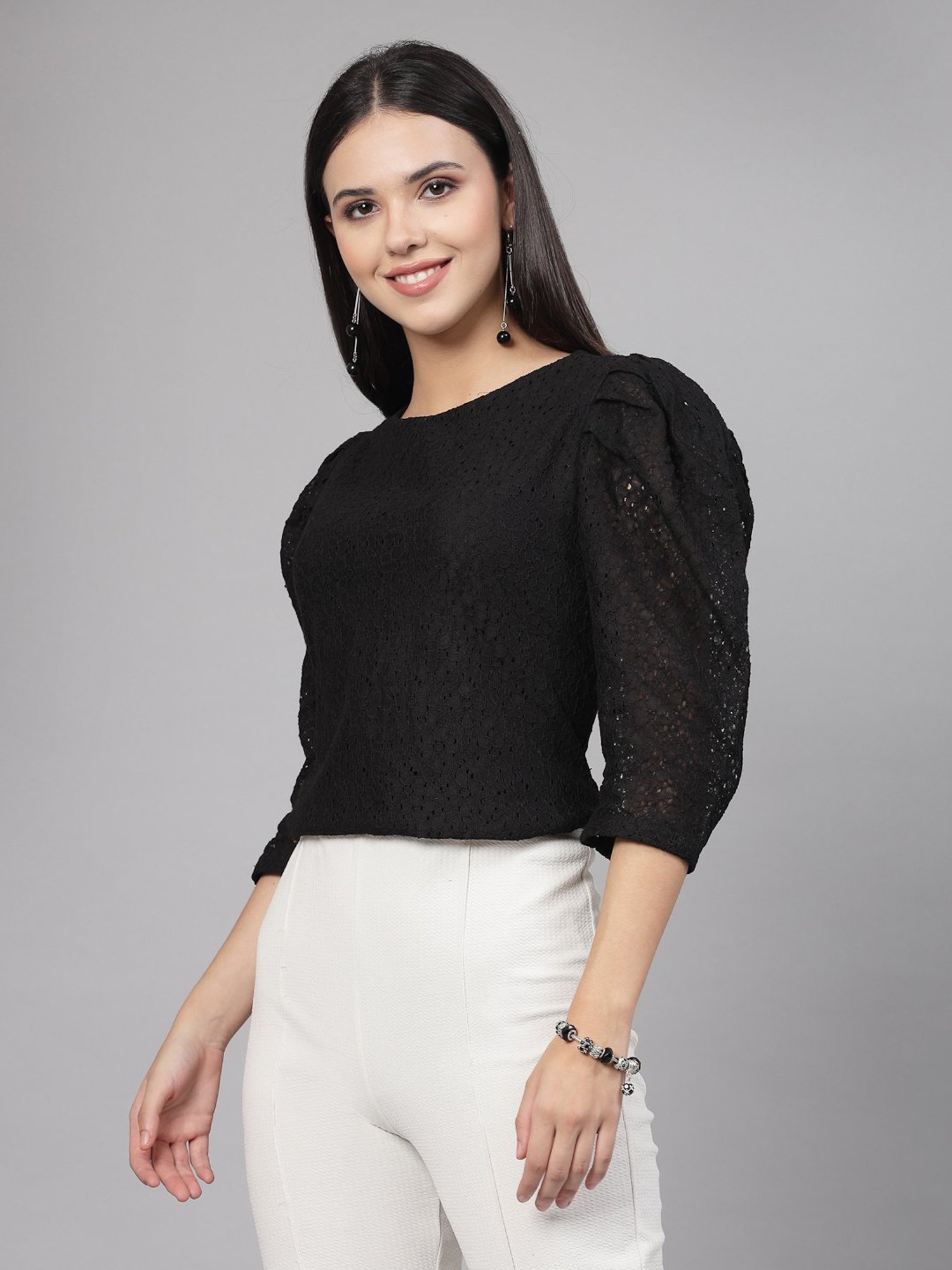 Style Quotient Black Cotton Self Design Top