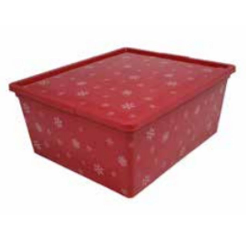 Homz 11 Quart Holiday Christmas Seasonal Decor Decoration Organizer Polypropylene Plastic Storage Bin with Tight Fitting Lid, Red/White Snowflake