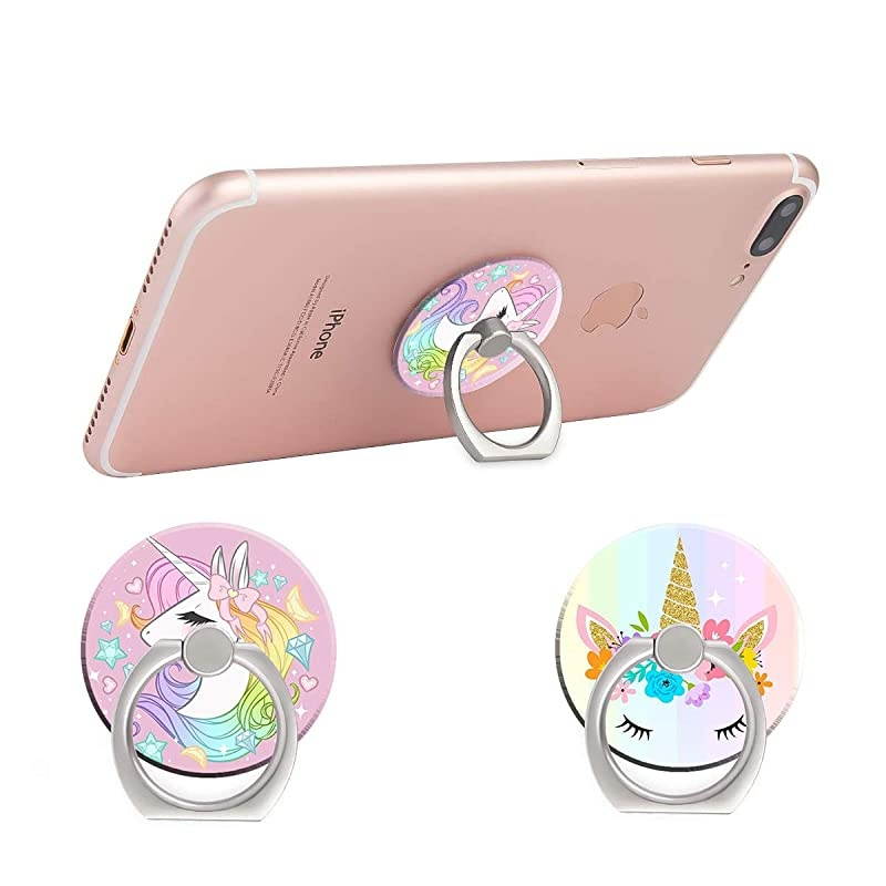Phone Ring Holder 2PCS Metal 360&deg; Rotation Phone Grip Kickstand Universal Finger Ring Stand Compatible with All Smartphone Tablet Cute Unicorn