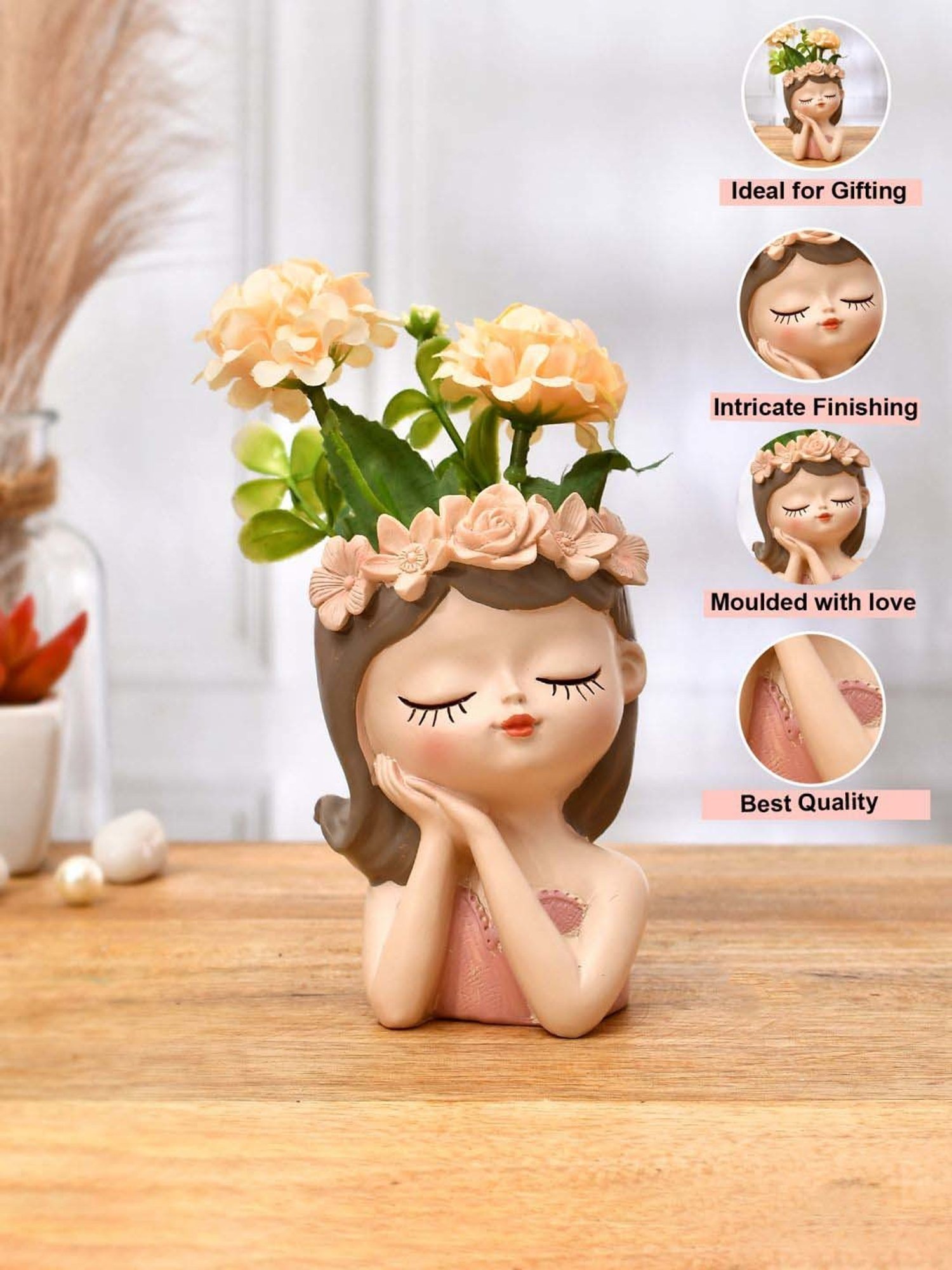 Tayhaa Pink Resin Cute Flower Girl Head Showpiece