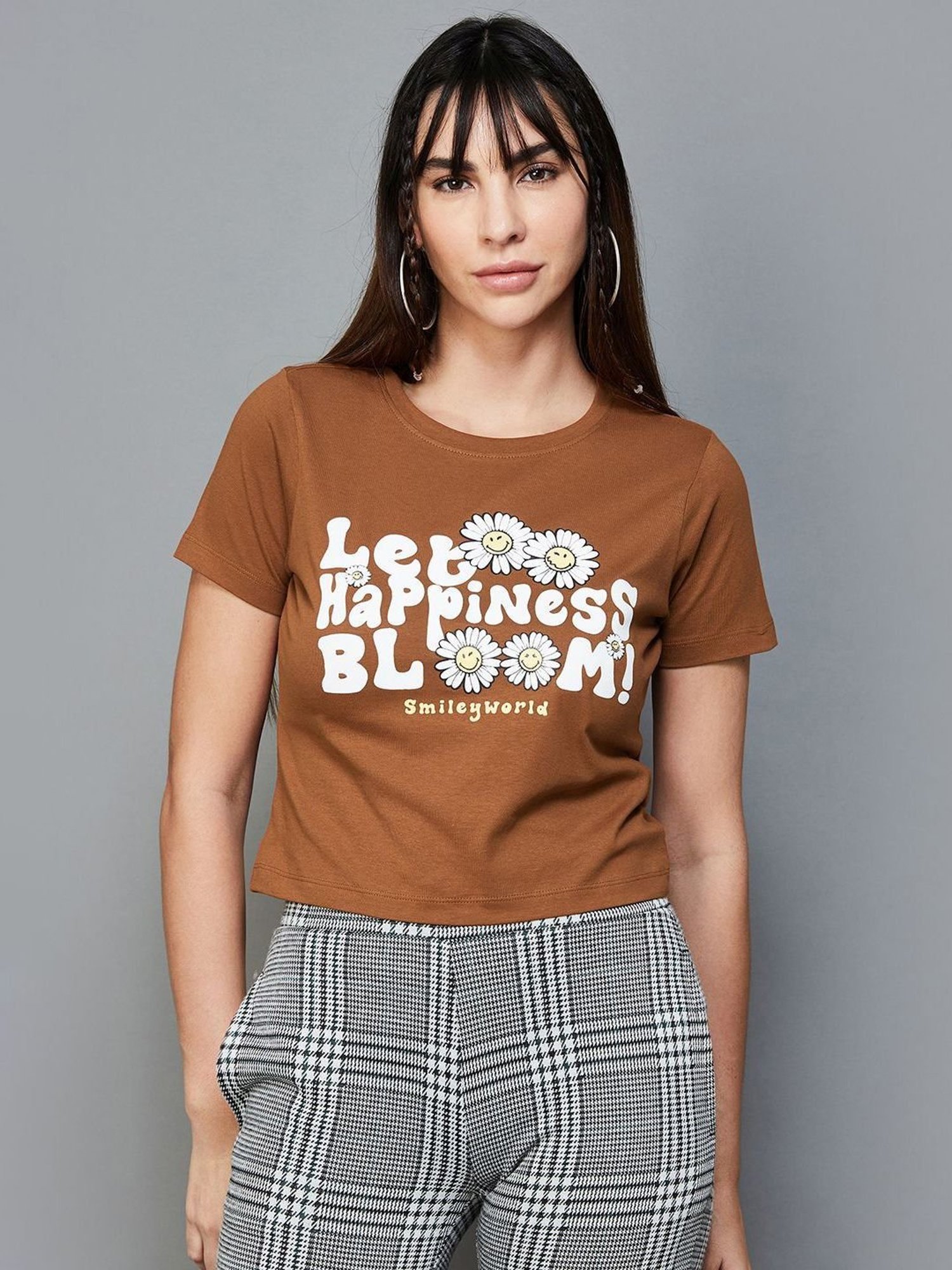 SmileyWorld Brown Cotton Printed Crop Top