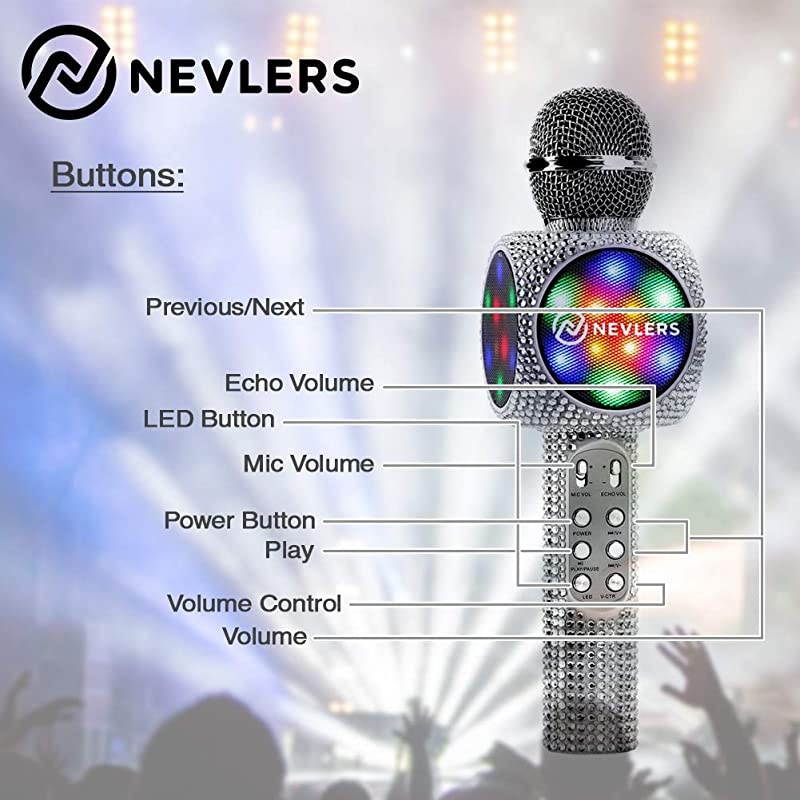 Karaoke Microphone with Wireless Bluetooth Speaker Voice Changer and Colorful LED Lights Easy To Use Portable Karaoke Machine for Kids and Adults SILVER BLING