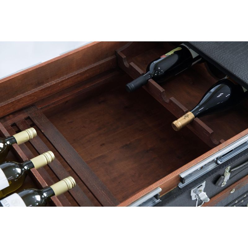 Vintiquewise Black Crocodile Leather Coffee End Table and Wine Bar Trunk with Sliding Top and Drawers