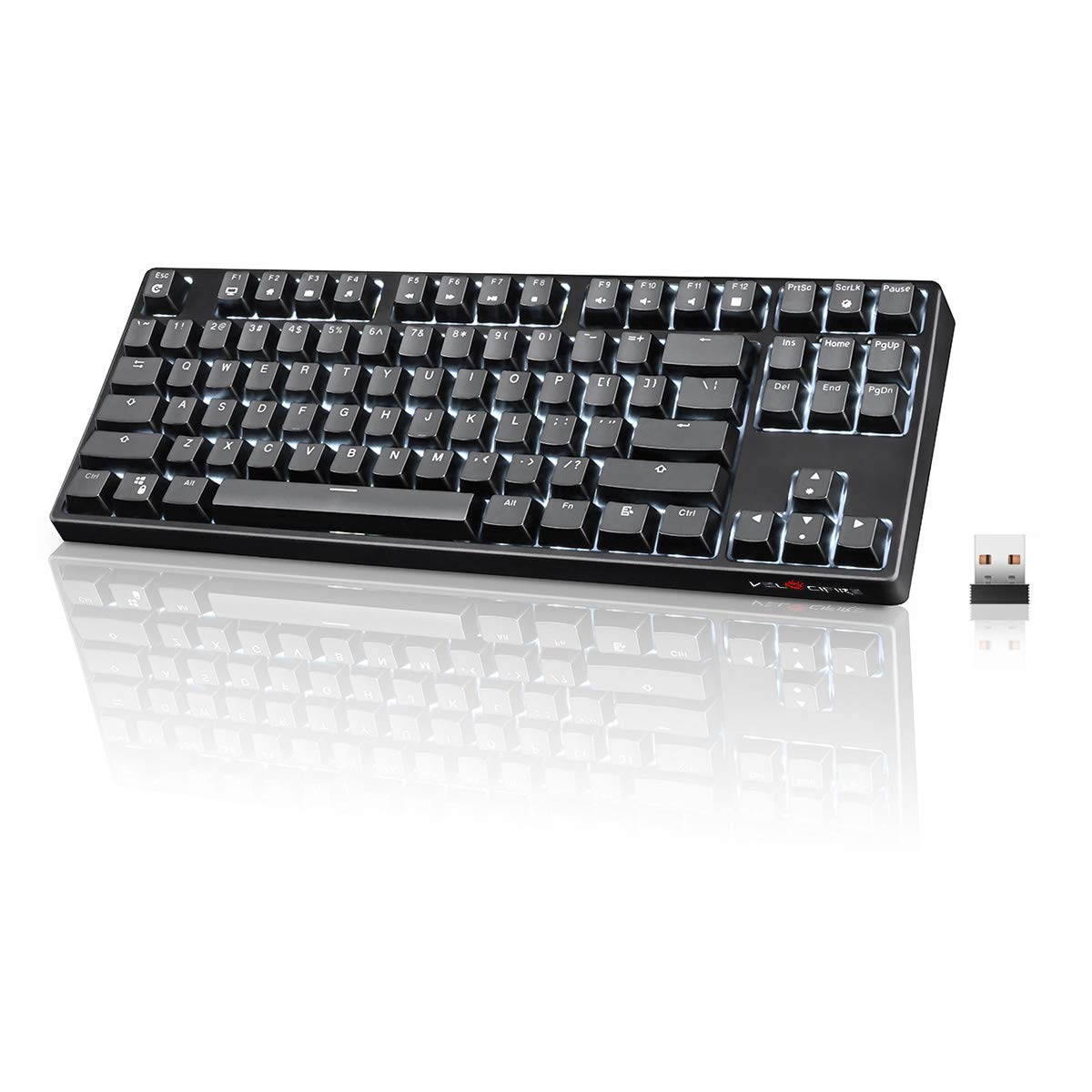 VELOCIFIRE TKL02 Wireless Plugable Mechanical Keyboard 87 Key Tenkeyless Ergonomic with Low Profile Quiet Brown Switches, and White LED Backlit for Copywriters, Typists, and Programmers