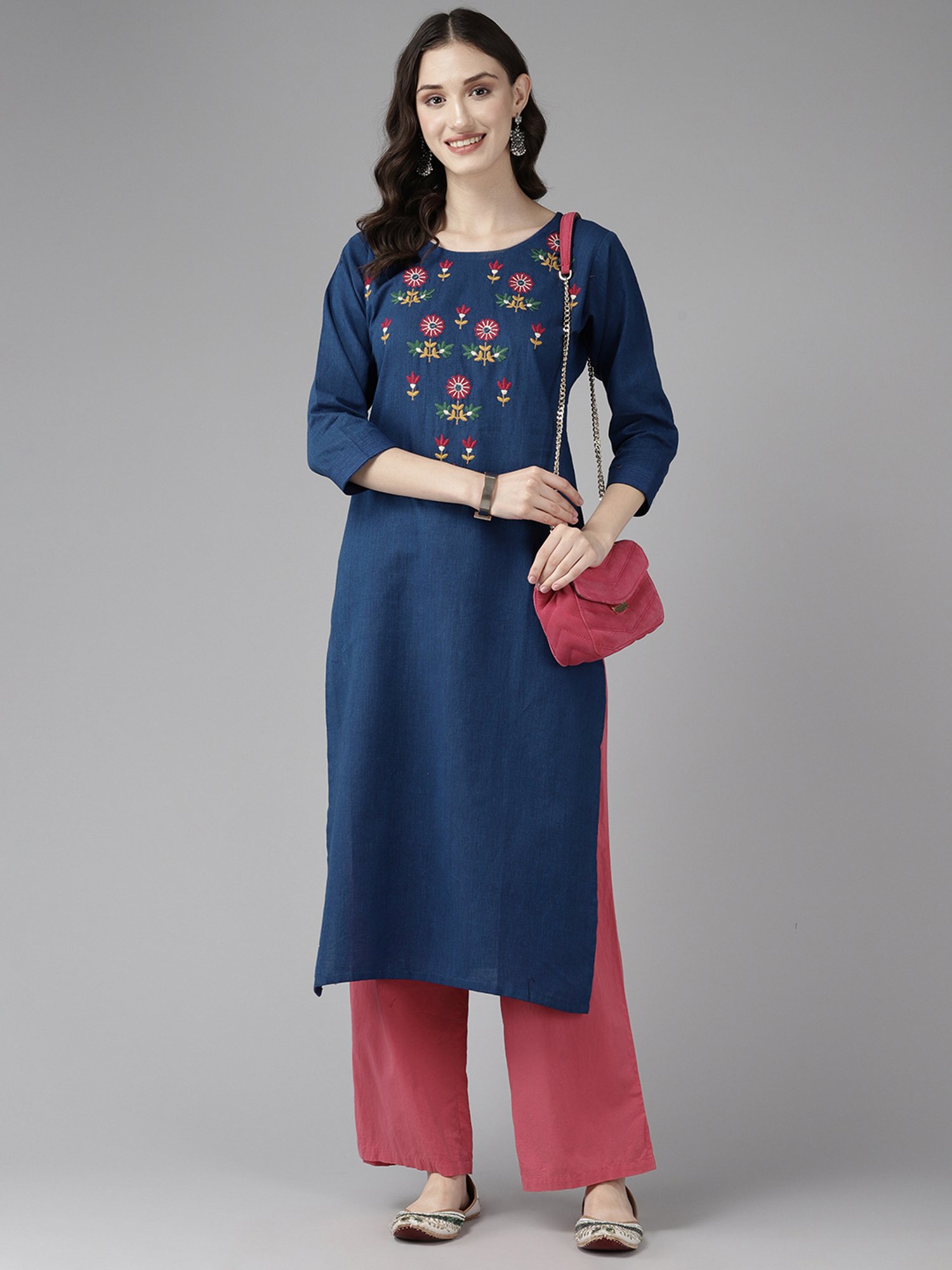 Aarika Blue Cotton Embroidered Straight Kurta