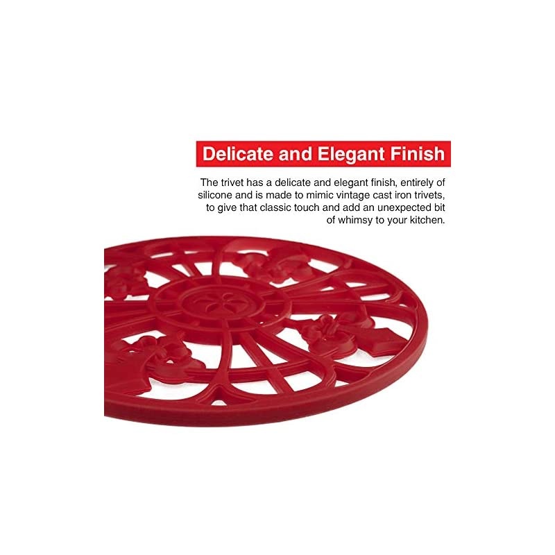 Trivet Set for Hot Dishes, Pots & Pans. These Kitchen Hot Pads 'Fleur De Lis' Design (Symbol of Royalty) Mimics Cast Iron Trivets Without Scratching (7.5 inch Round, Set of 3, Coral Red)