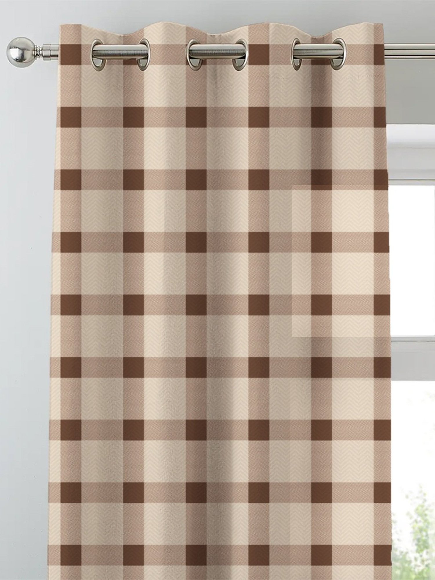 SPACES DRAPE STORY Boho Checks Beige & Brown Polyester 5 ft Window Curtains - Set of 2