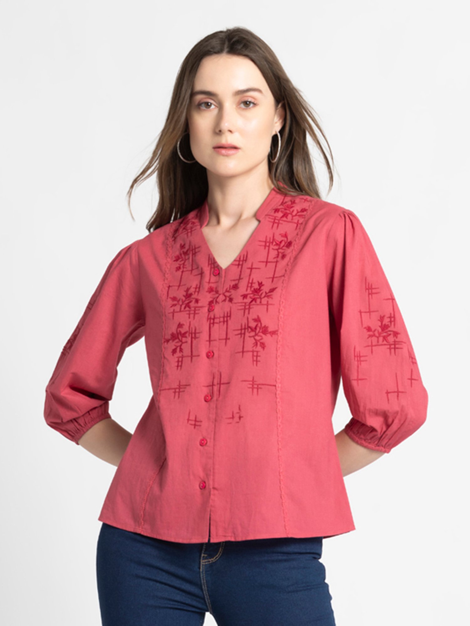 SHAYE Coral Cotton Embroidered Top