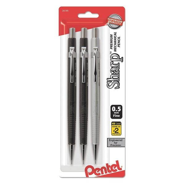 Pentel P205MBP3M Sharp Mechanical Drafting Pencil, 0.5 Mm, Assorted Barrels, 3/Pack