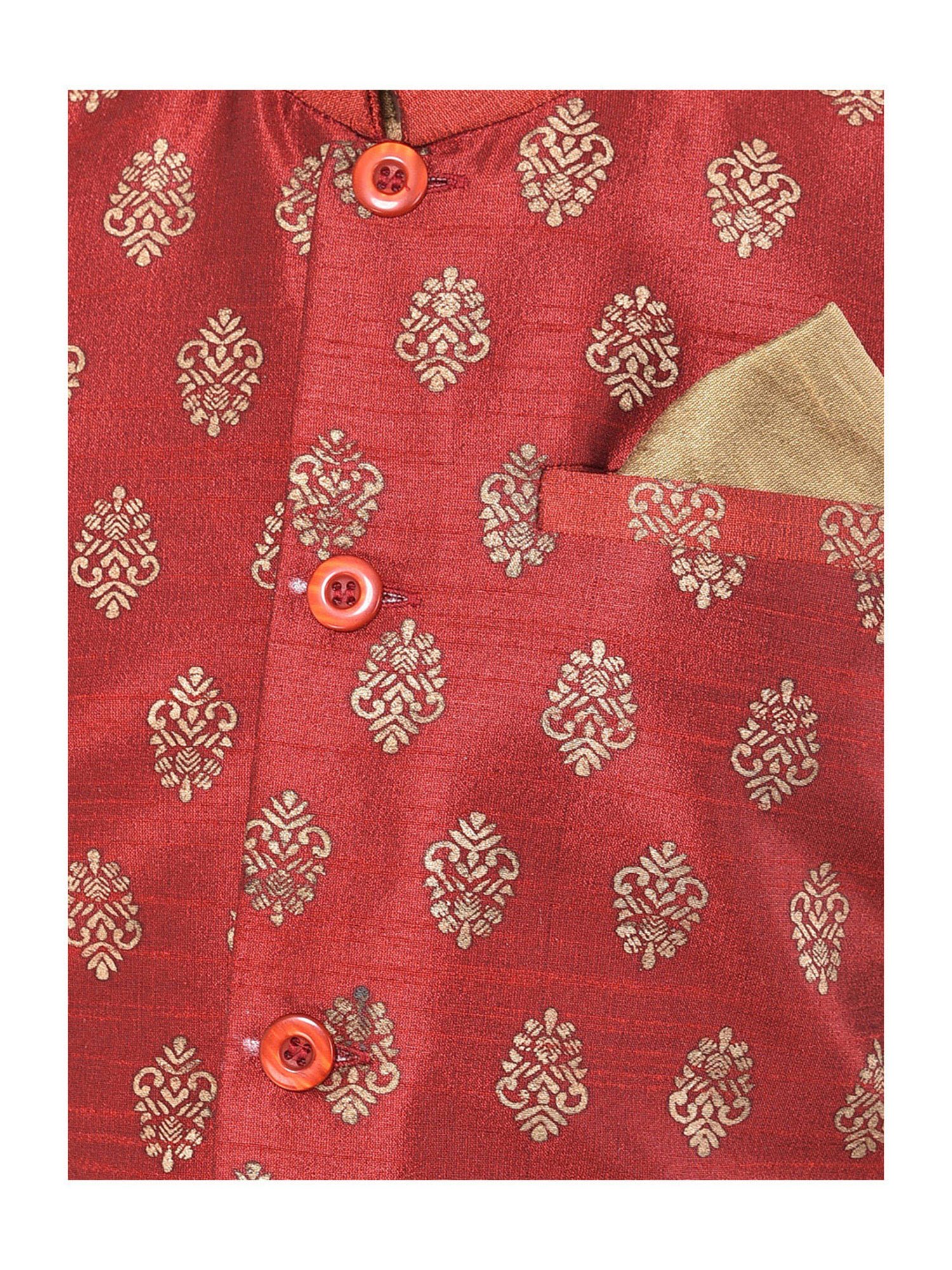 Deyann Kids Brown & Red Self Design Full Sleeves Kurta, Churidar Pants with Nehru Jacket