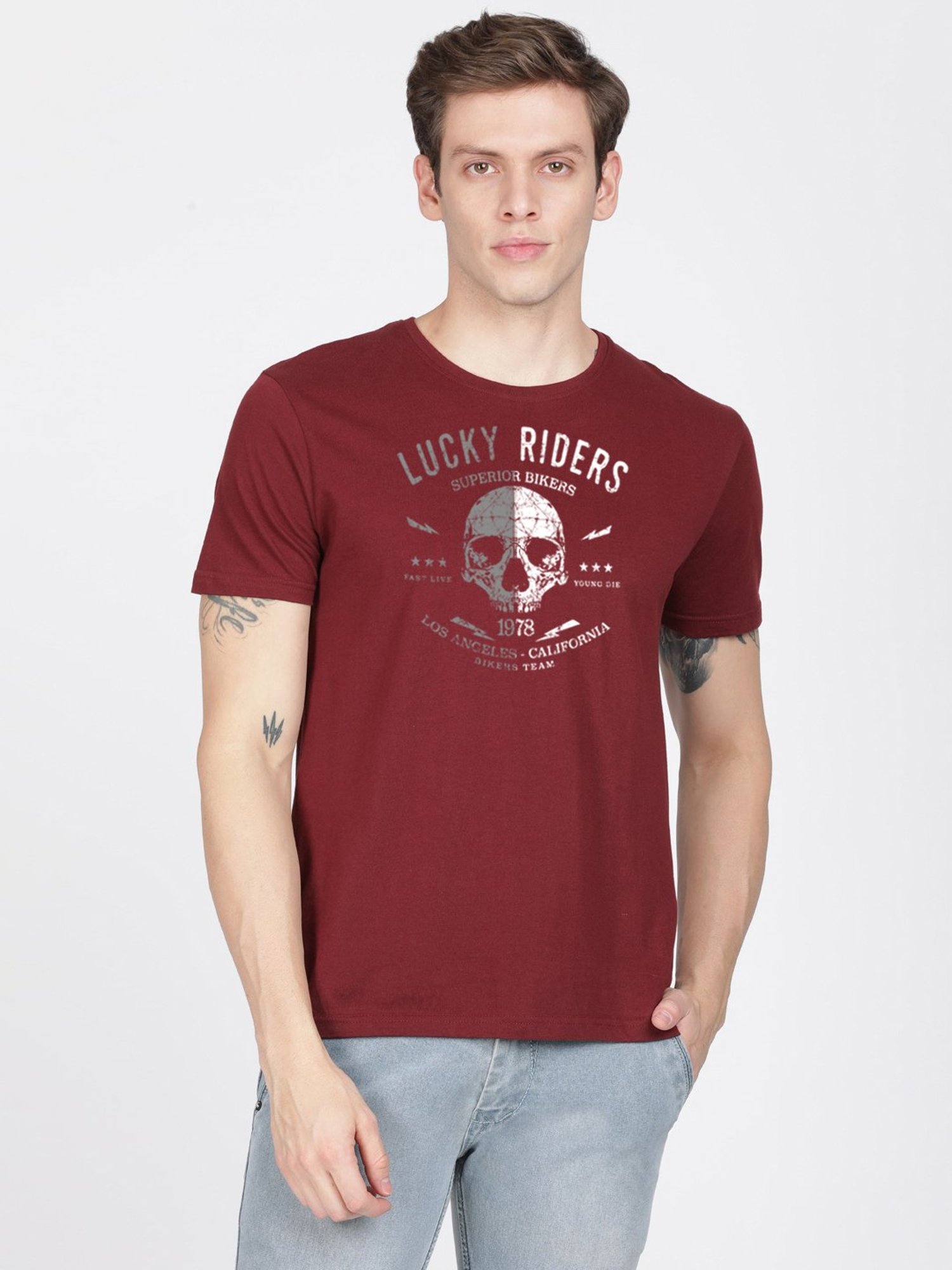 BLACK RADIO Maroon Slim Fit Printed Cotton Crew T-Shirt