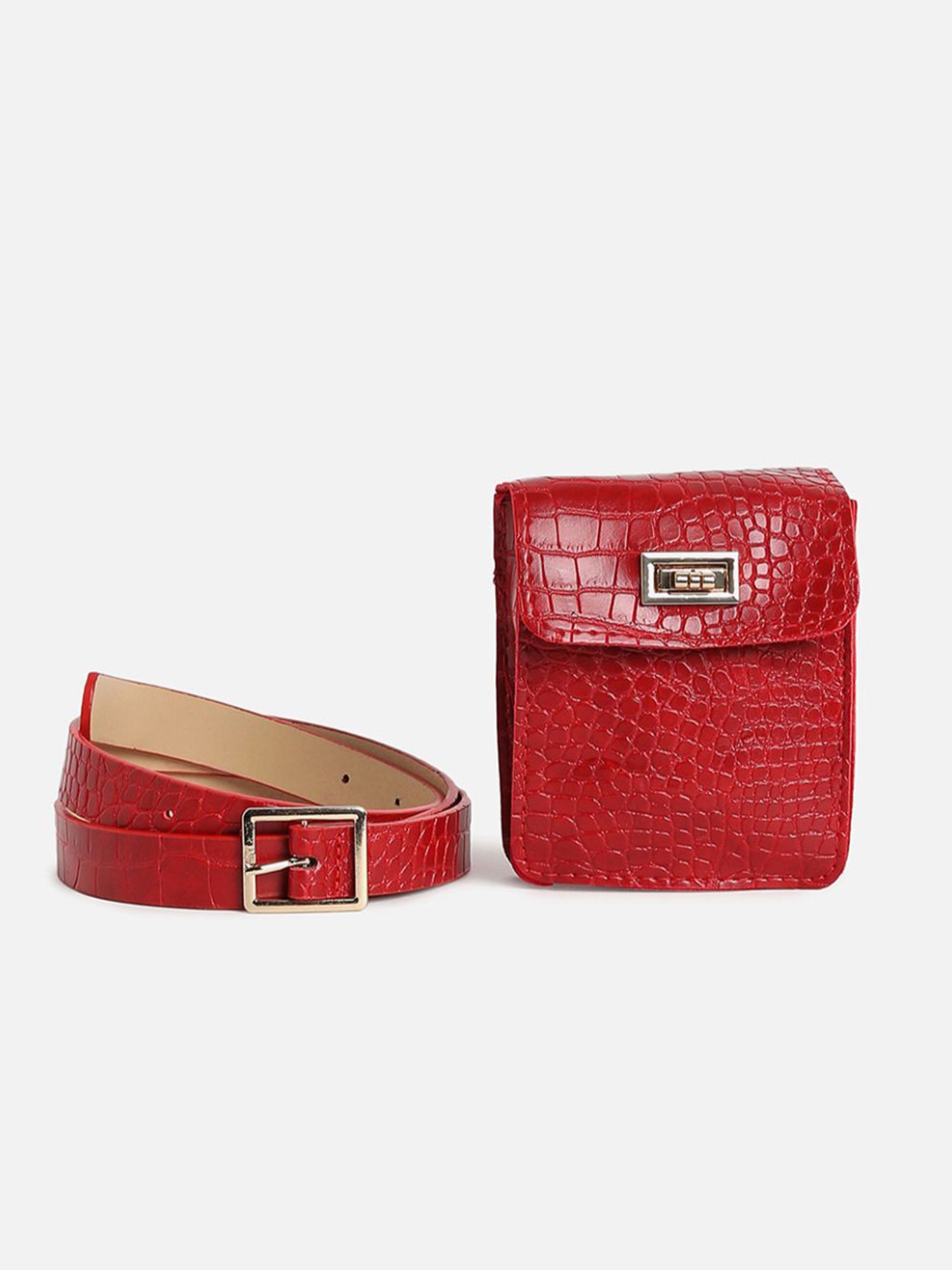HauteSauce Red Textured Casual Belt for Women with Pouch