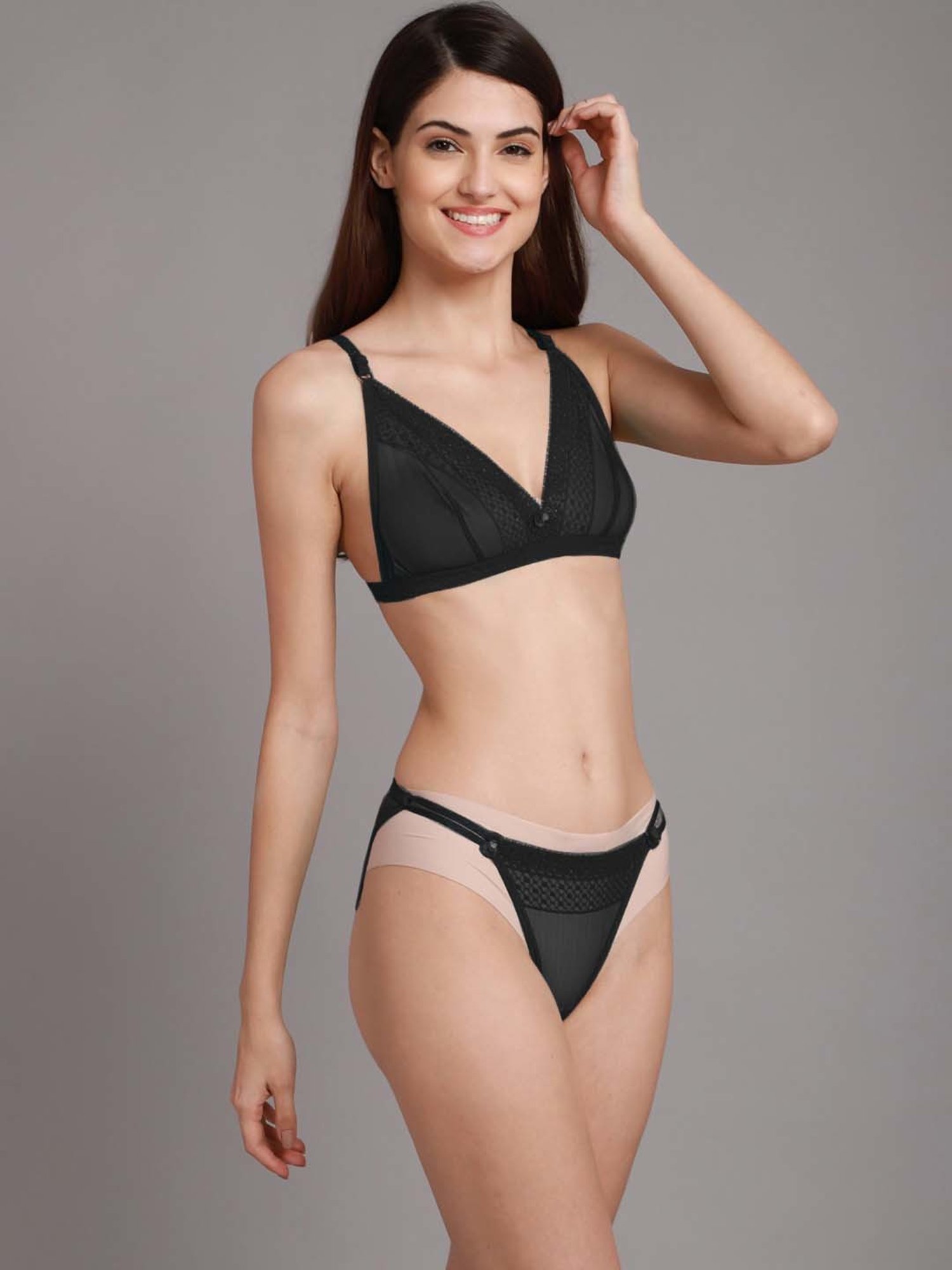 AROUSY Black & Beige Self Pattern Bra Panty Set - Pack Of 2