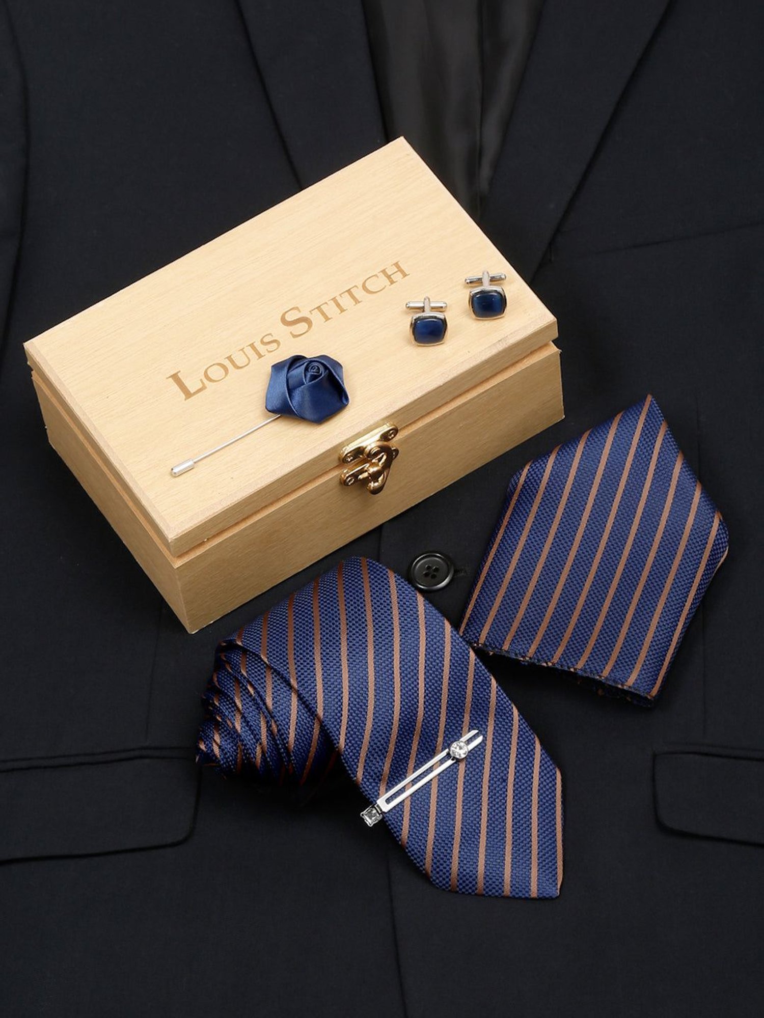 Louis Stitch Blue Striped Necktie Gift Set - Set of 5