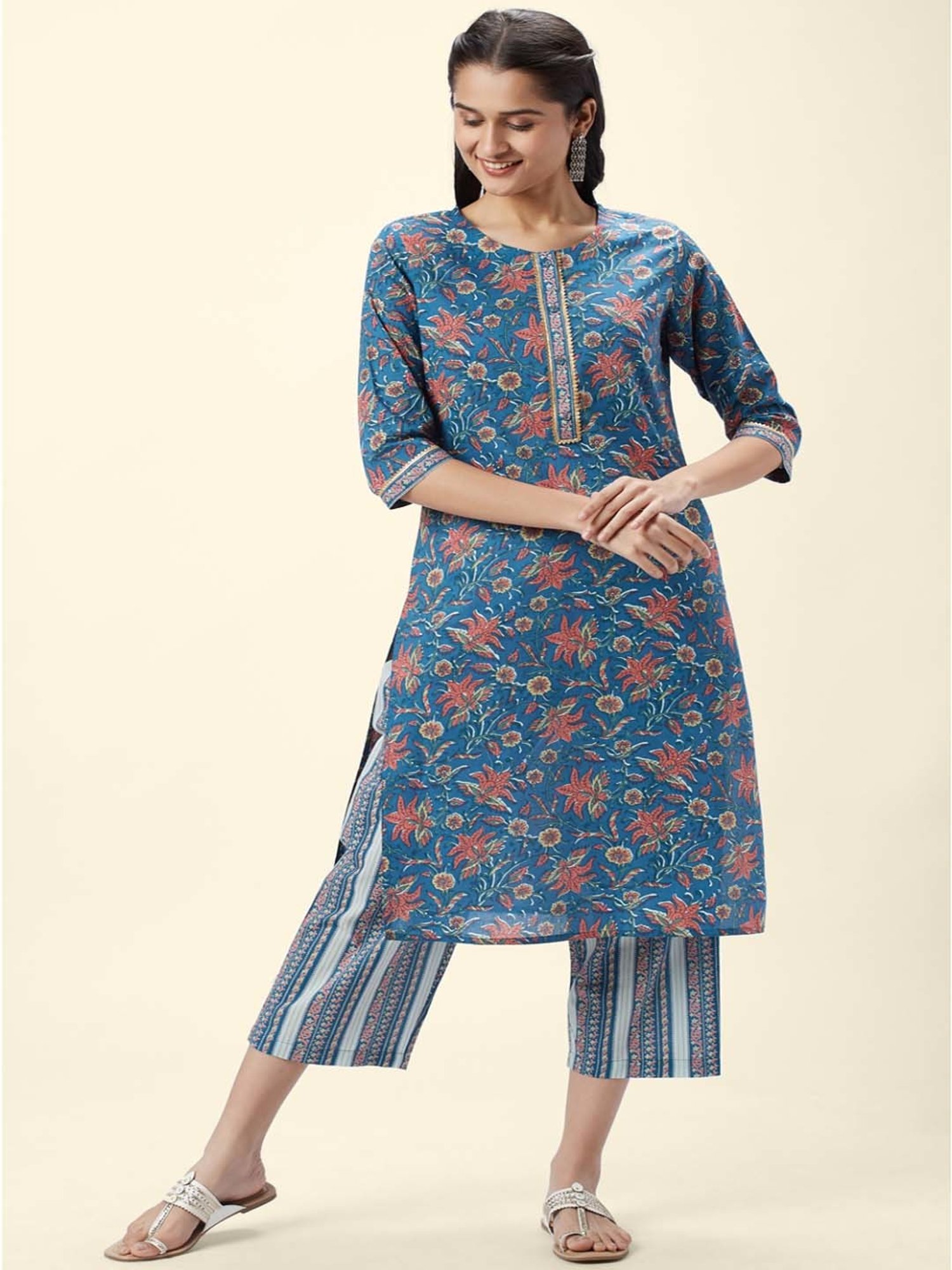 Rangmanch by Pantaloons Blue Cotton Floral Print Kurta Palazzo Set