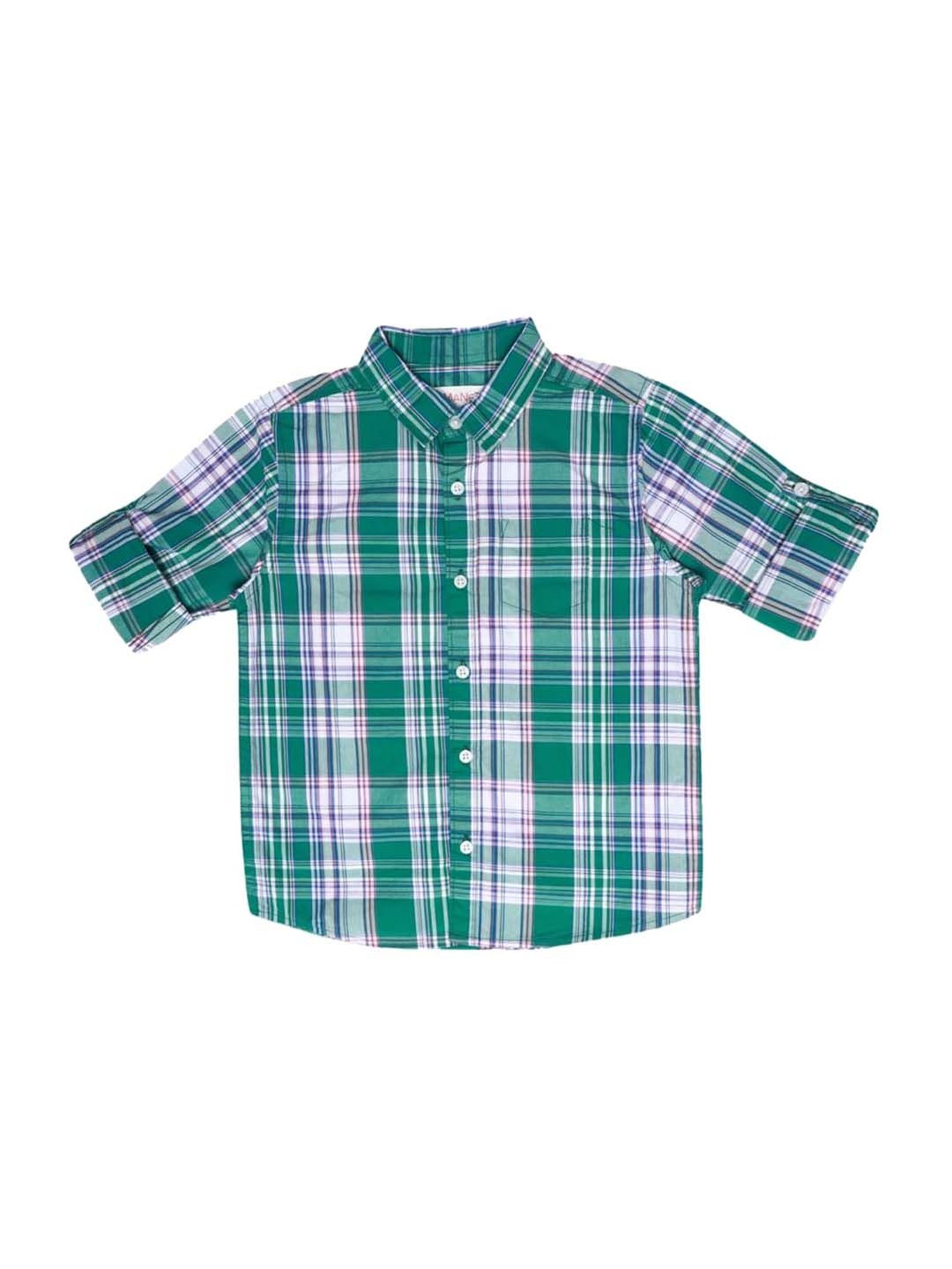 Manet Kids Green Cotton Plaid Pattern Shirt