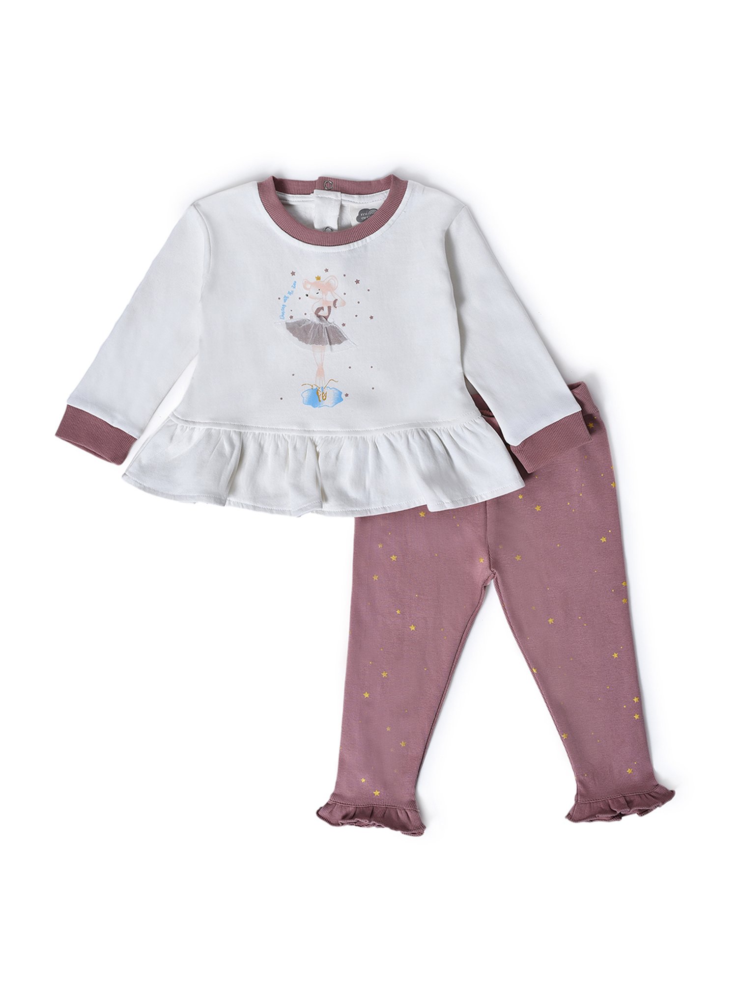 MiArcus Kids White & Pink Printed Full Sleeves Top with Pyjamas