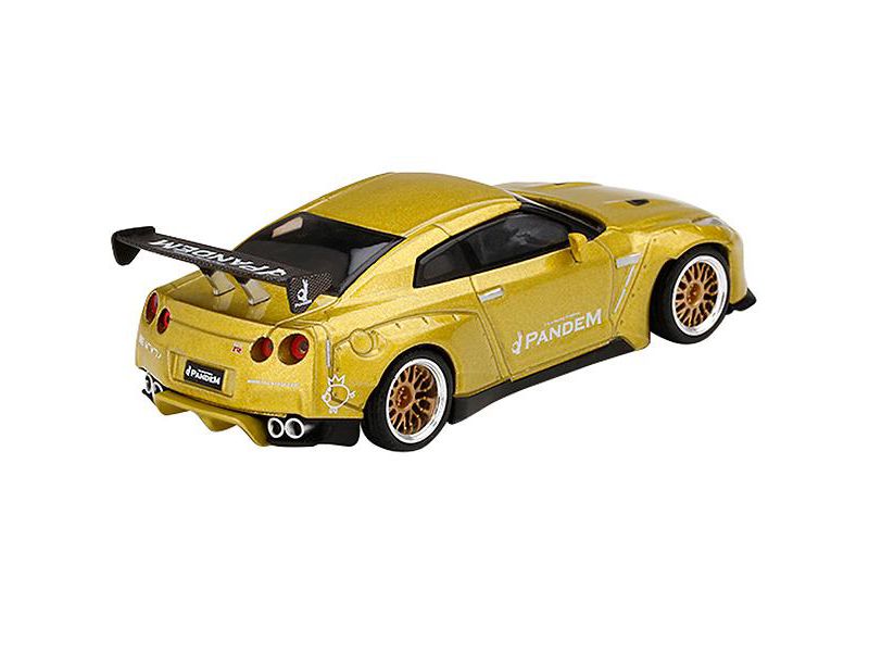 Nissan GT-R (R35) Pandem with GT Wing Cosmopolitan Yellow Metallic with Gold Wheels Ltd Ed 1800 pcs 1/64 Diecast Model Car by True Scale Miniatures