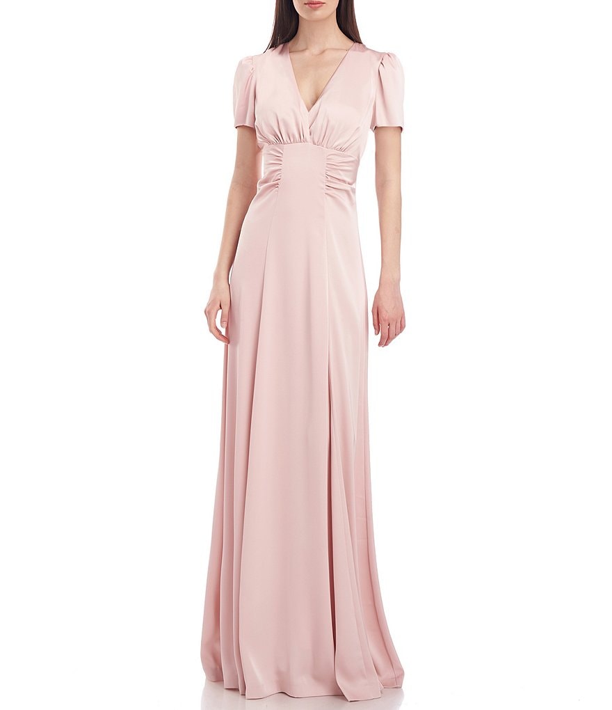 Kay Unger Quinn V-Neck Short Sleeve Side Ruched Charmeuse Gown