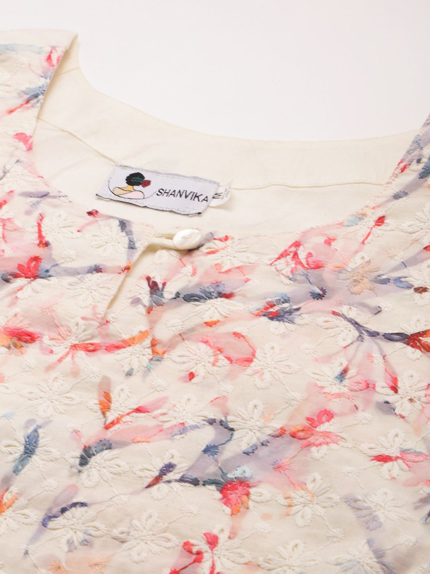 SHANVIKA Cream Embroidered Cotton Straight Kurta