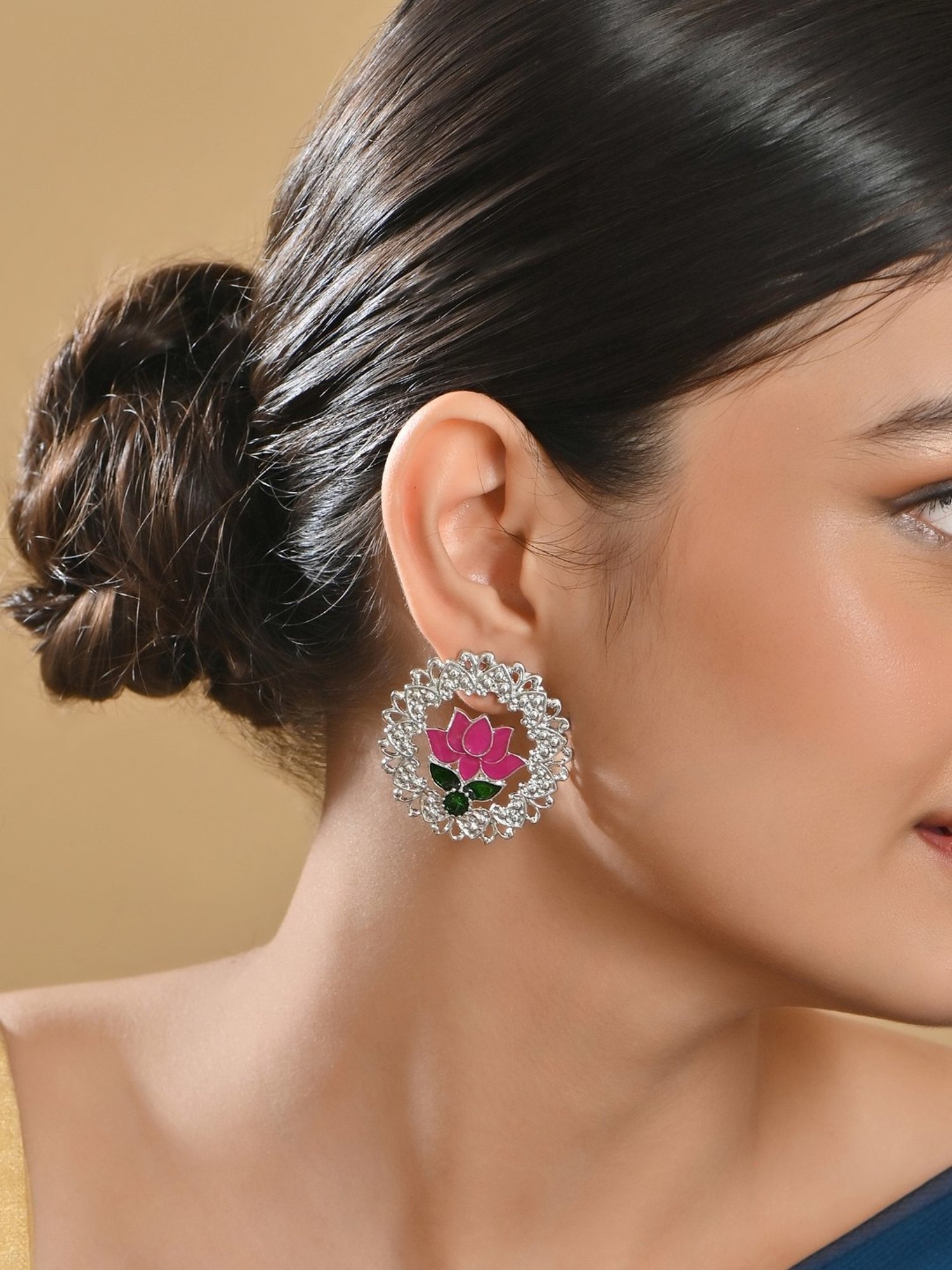 Fida Pink Green Meenakari Traditional Lotus Drop Earrings