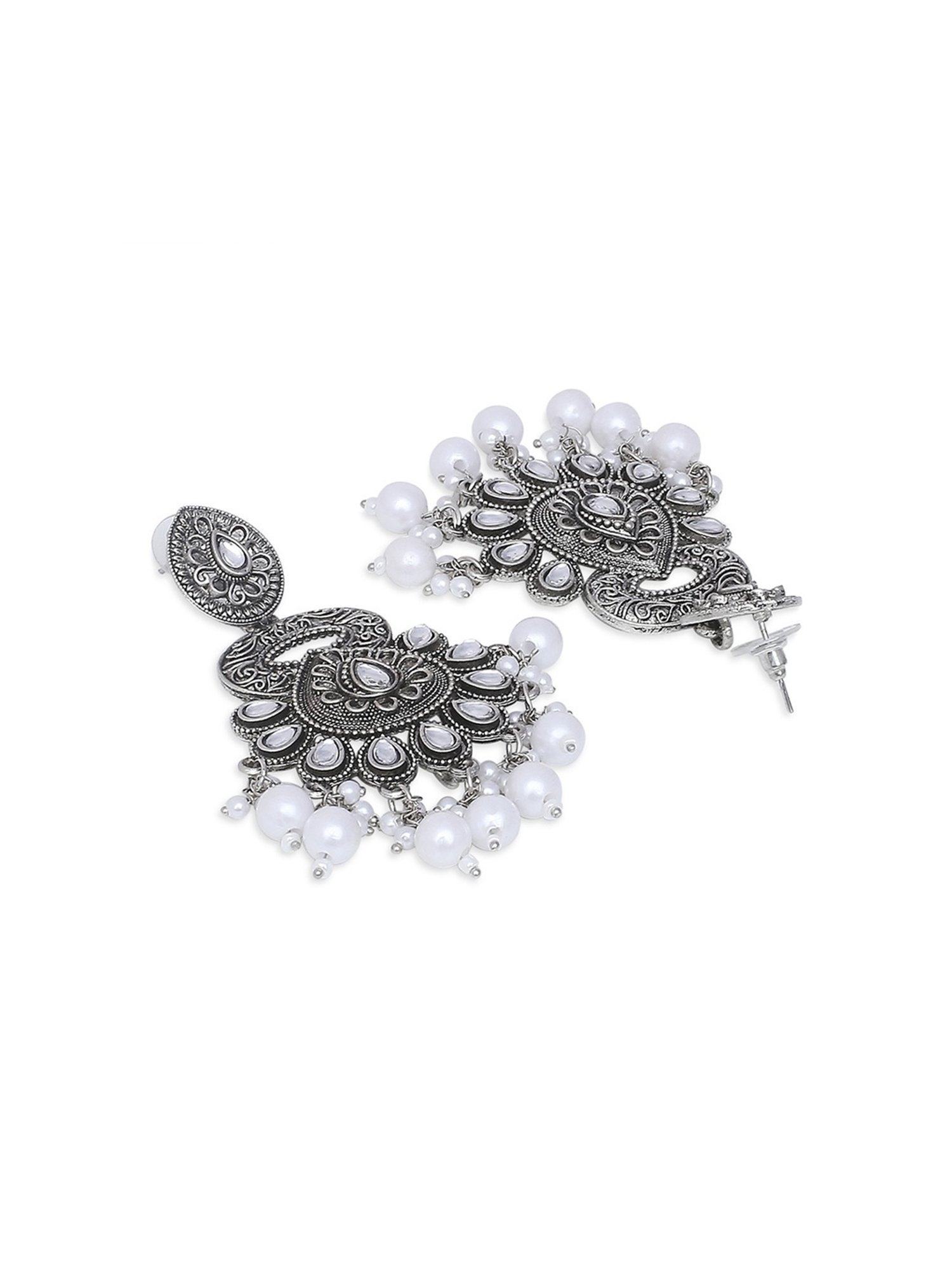 Oomph Jewellery Oxidized Silver Ethnic Silver Look Alike Large with Kundan & Pearls Dangler Earrings