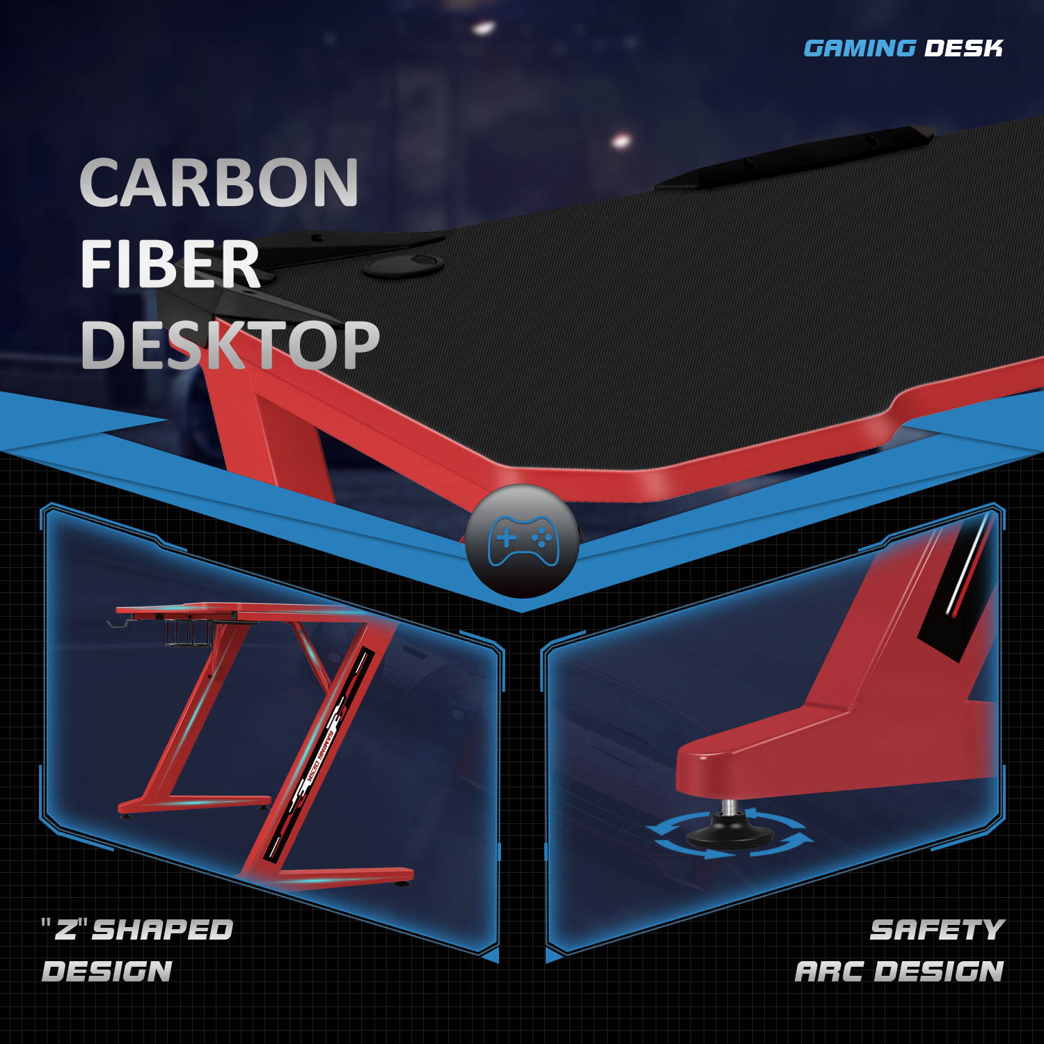 Homall Computer Gaming Desk Large Carbon Fiber Surface Computer Table Z-shaped Feet PC Desk with Cup Holder Headphone Hook Game Handle Rack (Black)