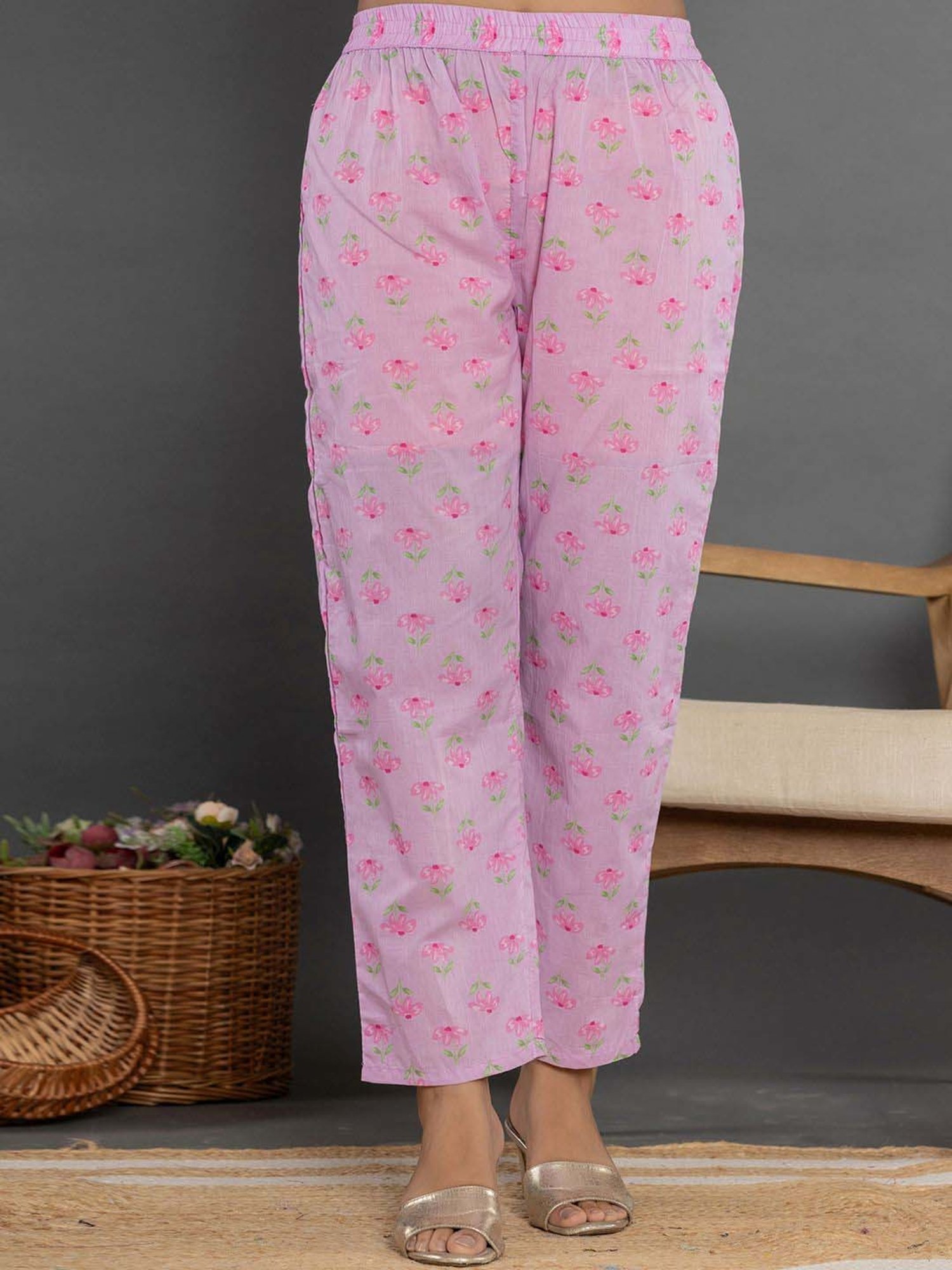 Yufta Purple Cotton Printed Kurta Pant Set With Dupatta