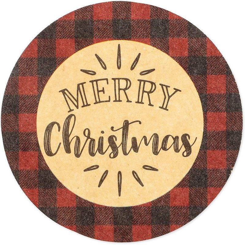 Pipilo Press 500-Pack Merry Christmas Stickers Roll with Buffalo Plaid, Assorted Designs (1.5 in)