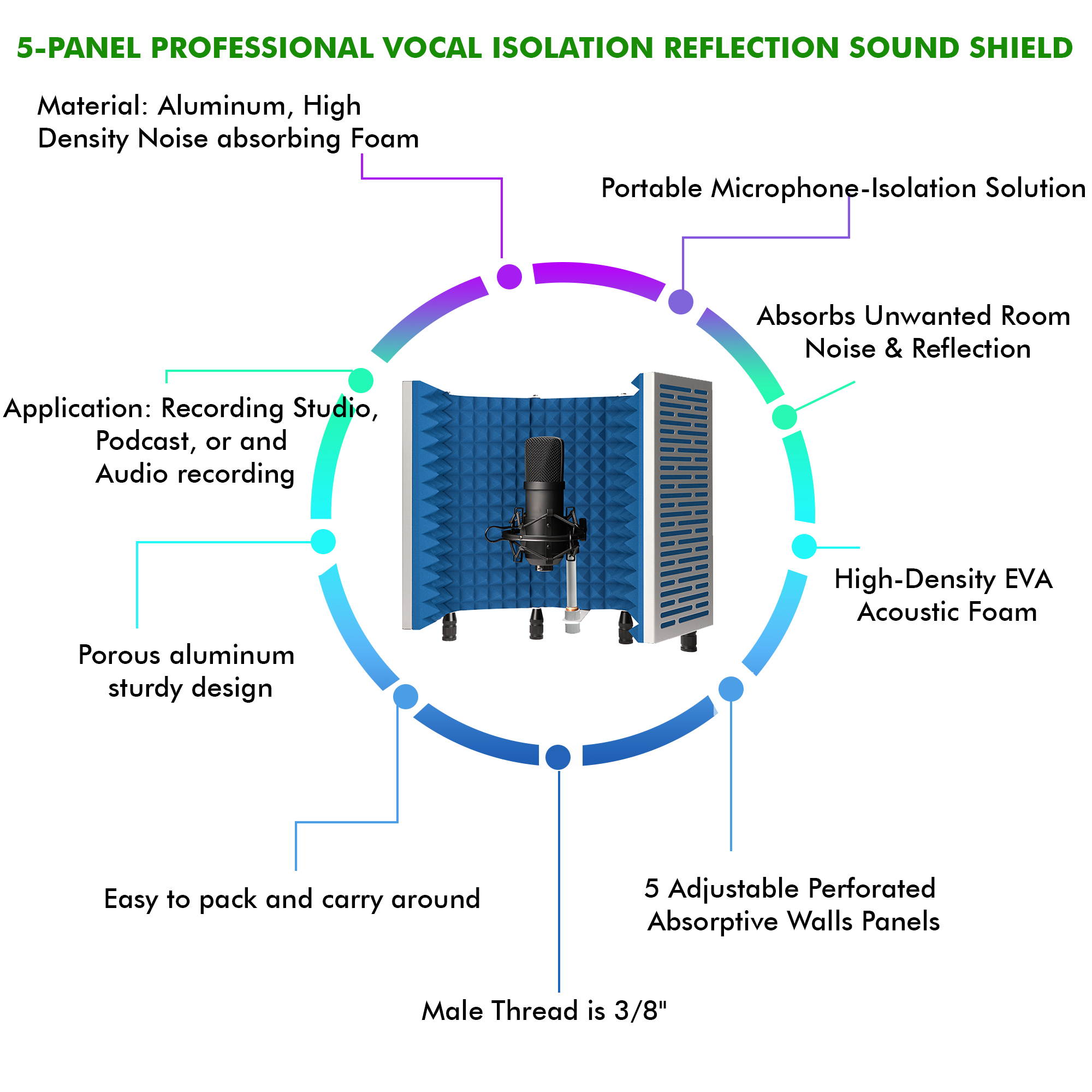 Technical Pro Portable and Foldable 5-Panel Professional Vocal Isolation Reflection Sound Shield for Home Office and Studio Recording  (Silver Aluminum, Blue Foam)