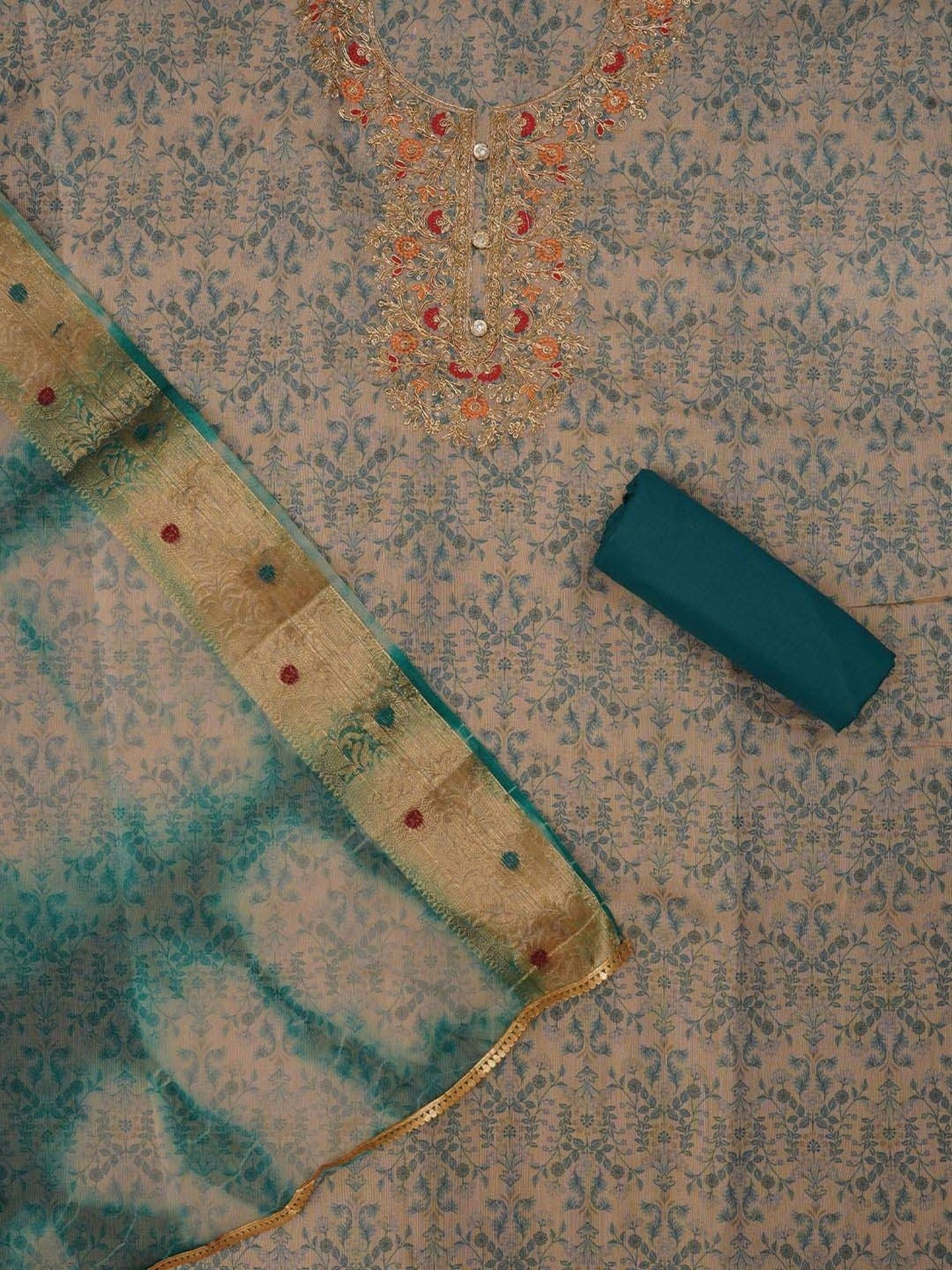 Jaipur Kurti Peach & Green Embellished Unstitched Dress Material