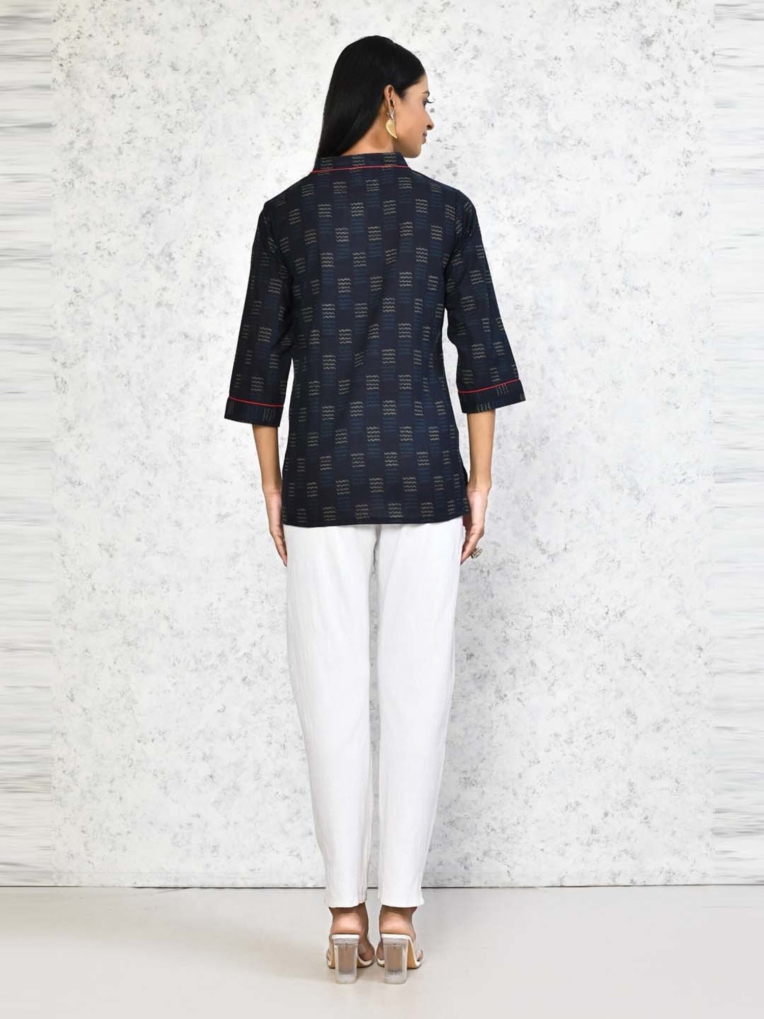 Miravan Blue Cotton Printed A Line Short Kurti