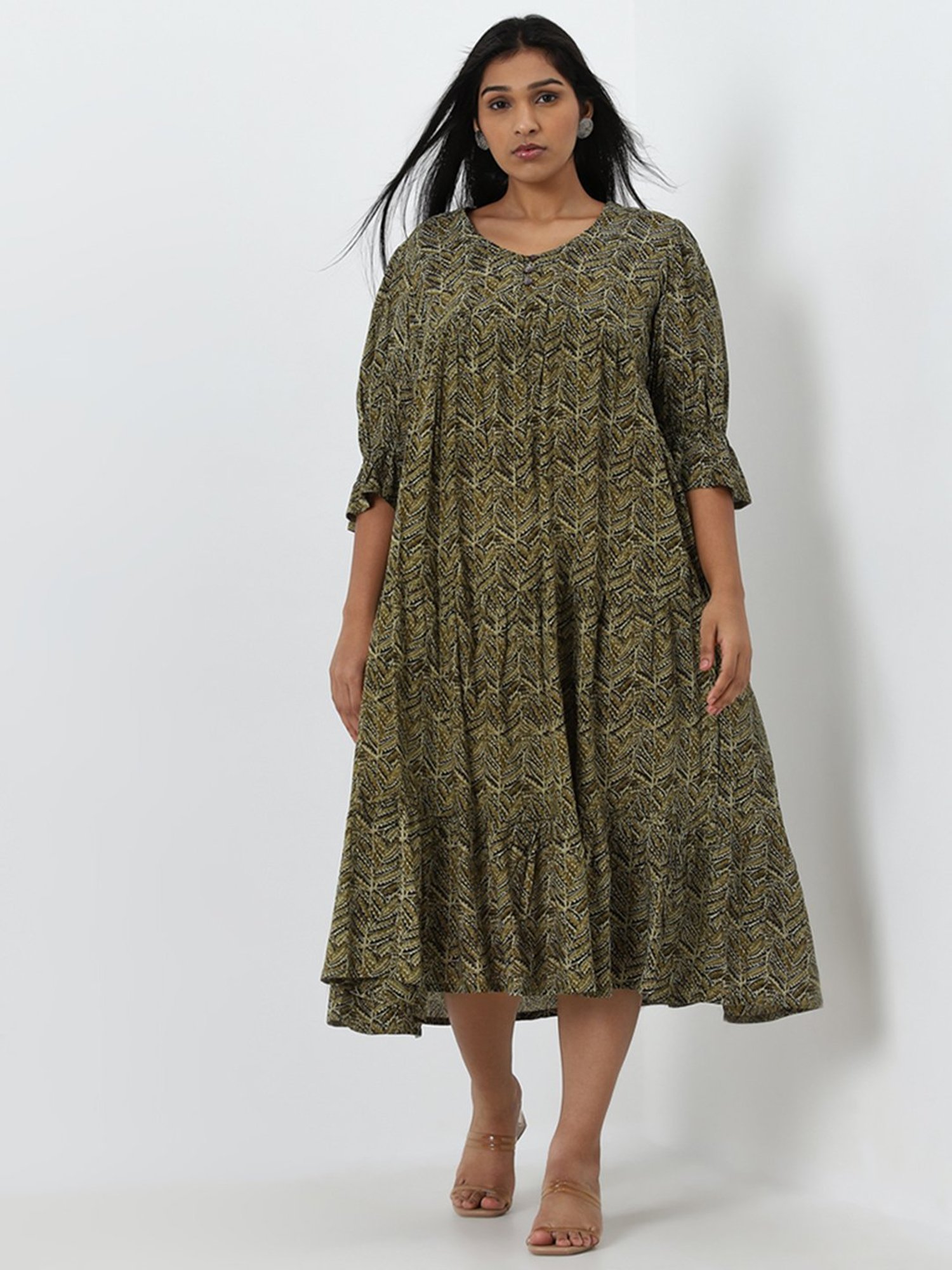 Diza by Westside Olive Leaf Printed Fit-and-Flare Tiered Dress
