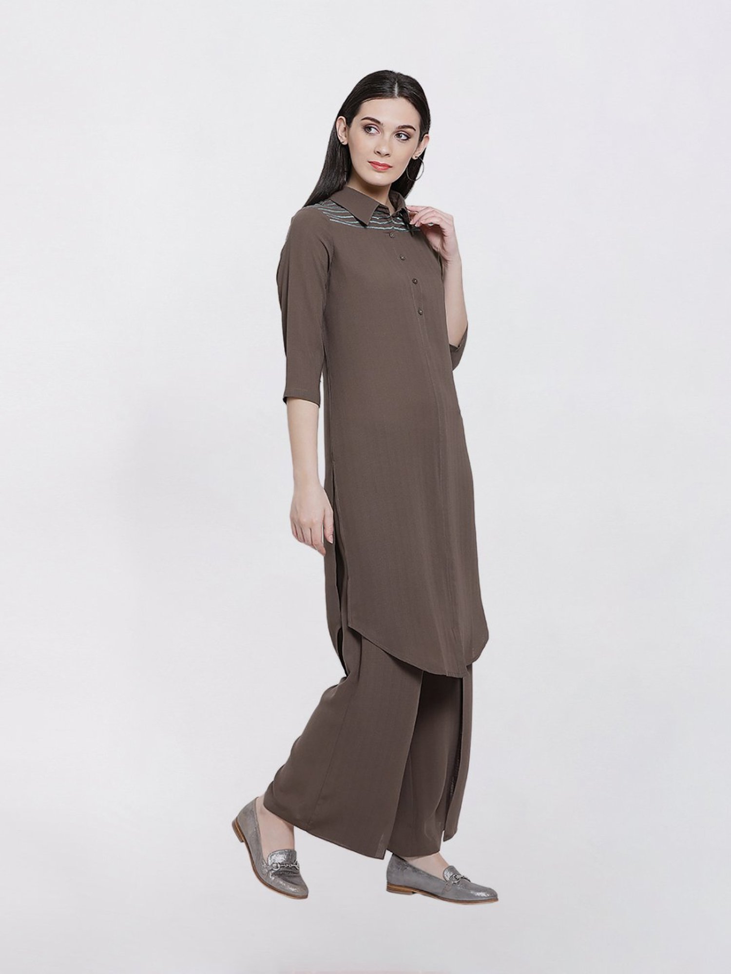 Office & You Earth Brown Long Kurti With Teel Blue Embellishment