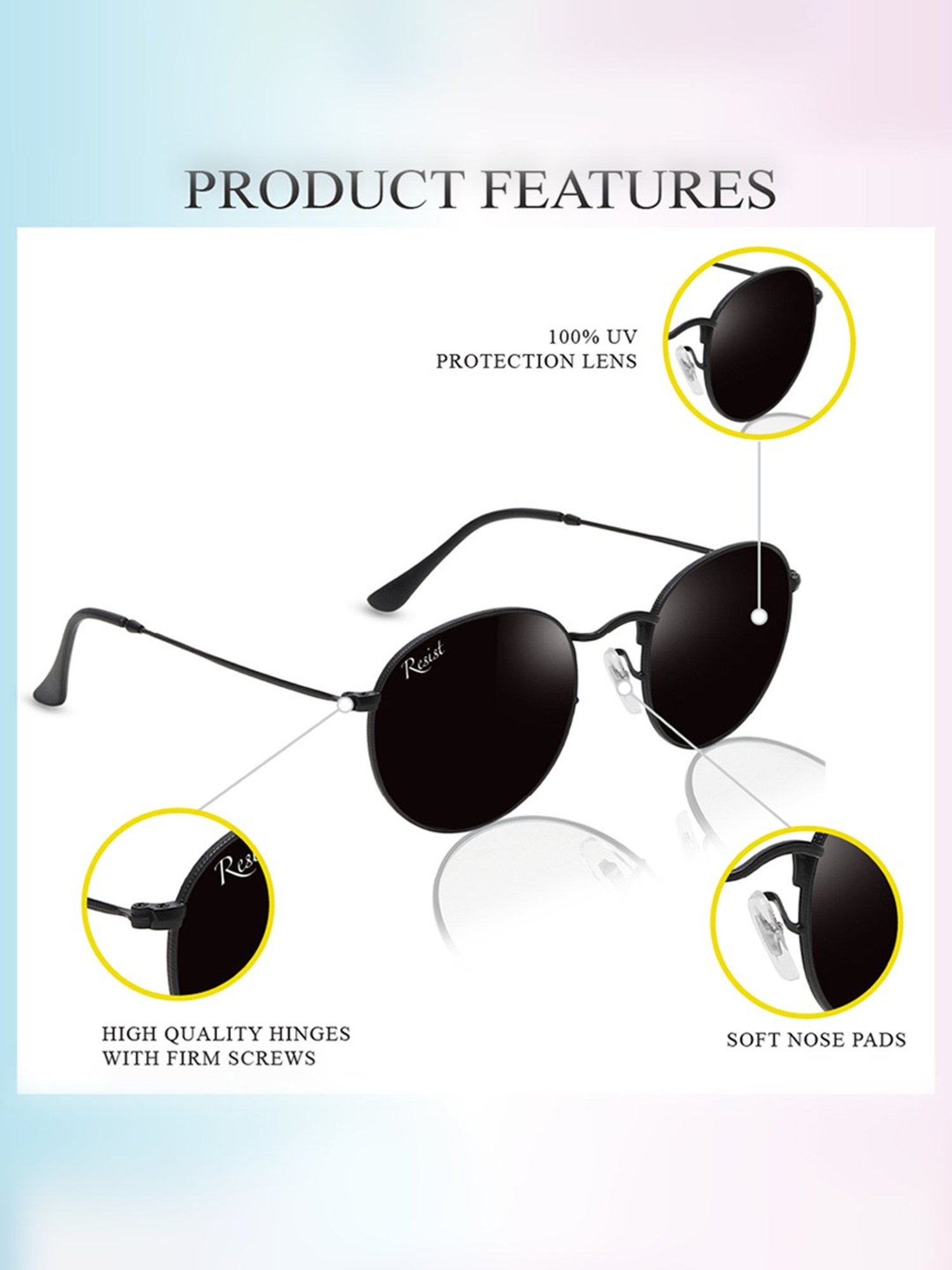 Resist Eyewear Black Round UV Protection Unisex Sunglasses