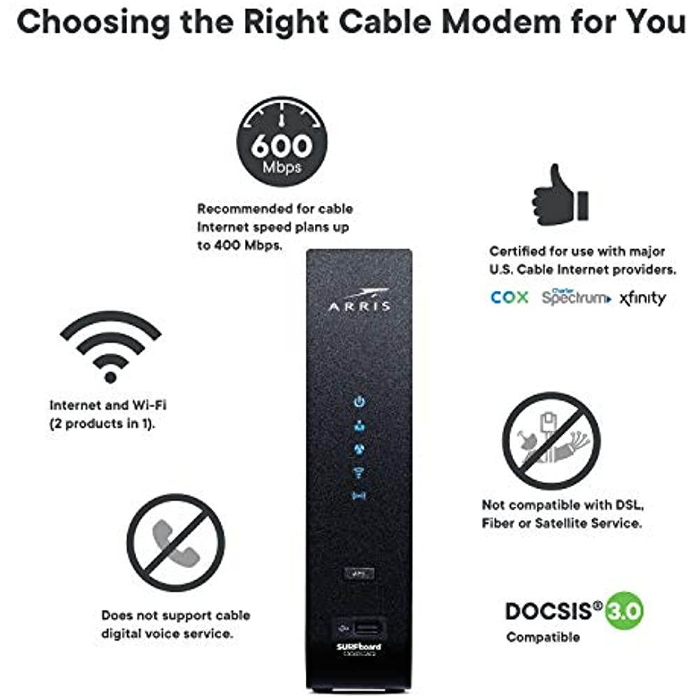 ARRIS SURFboard (24x8) DOCSIS 3.0 Cable Modem Plus AC2350 Dual Band Wi-Fi Router, approved for Cox, Spectrum, Xfinity & more (SBG7400AC2)