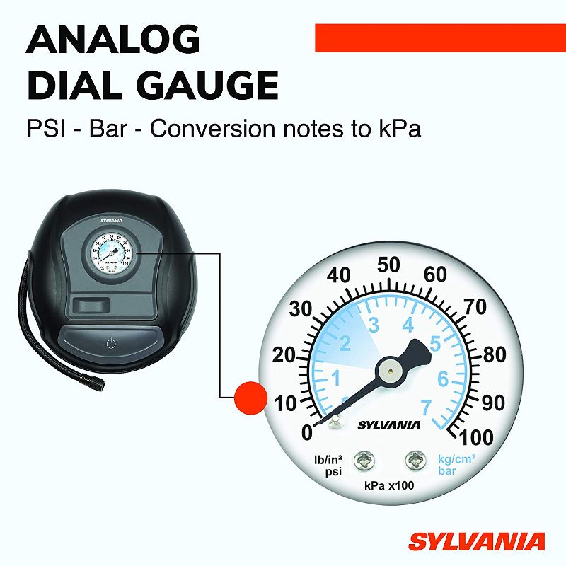 Sylvania Basic Portable Tire Inflator with Auto Stop, Analog Dial Gauge and Carrying Case for Sports Balls, Vehicle Tires, Bike Tires