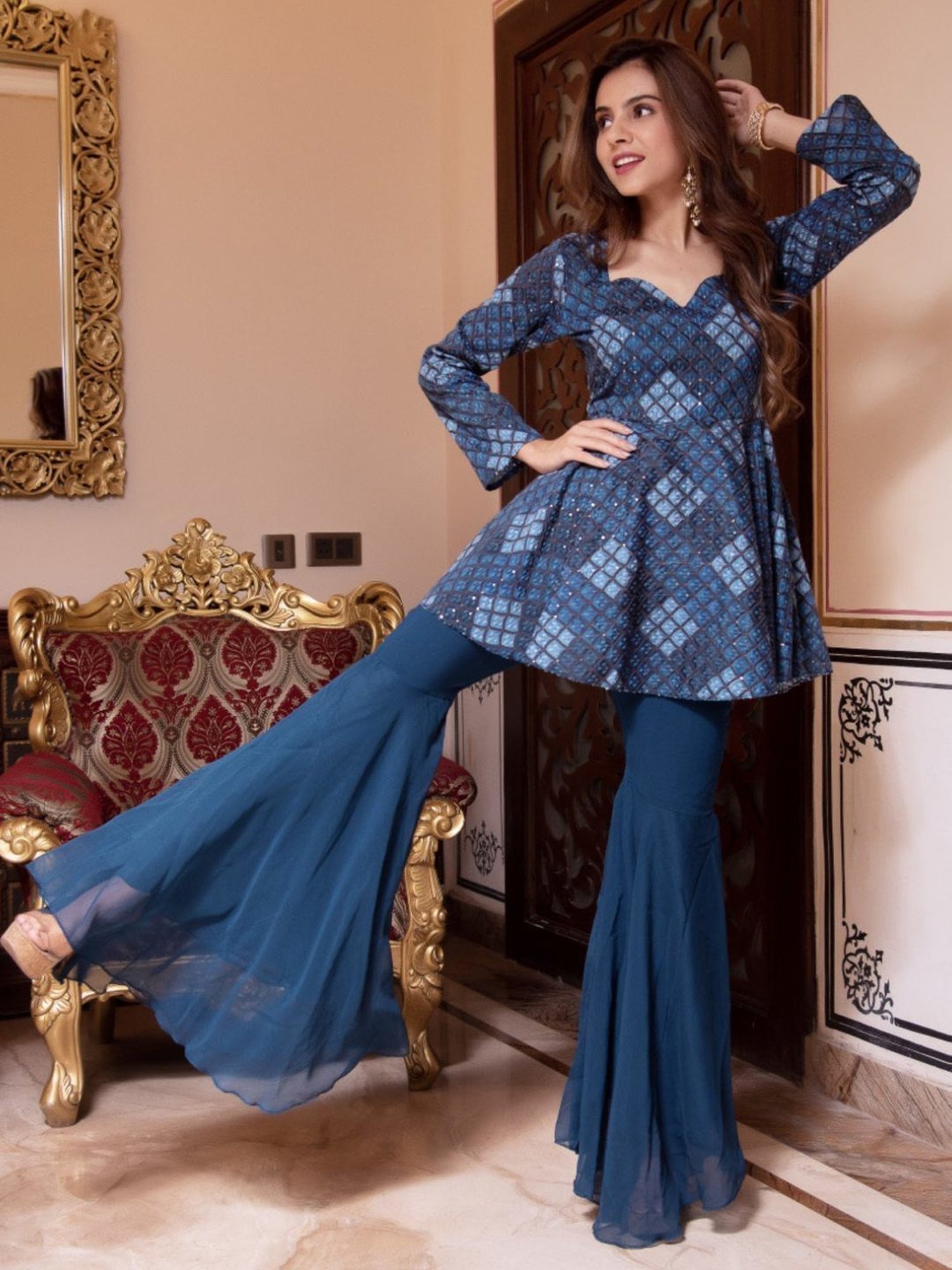 Calmna Teal Blue Embroided Georgette Kuta with Sharara