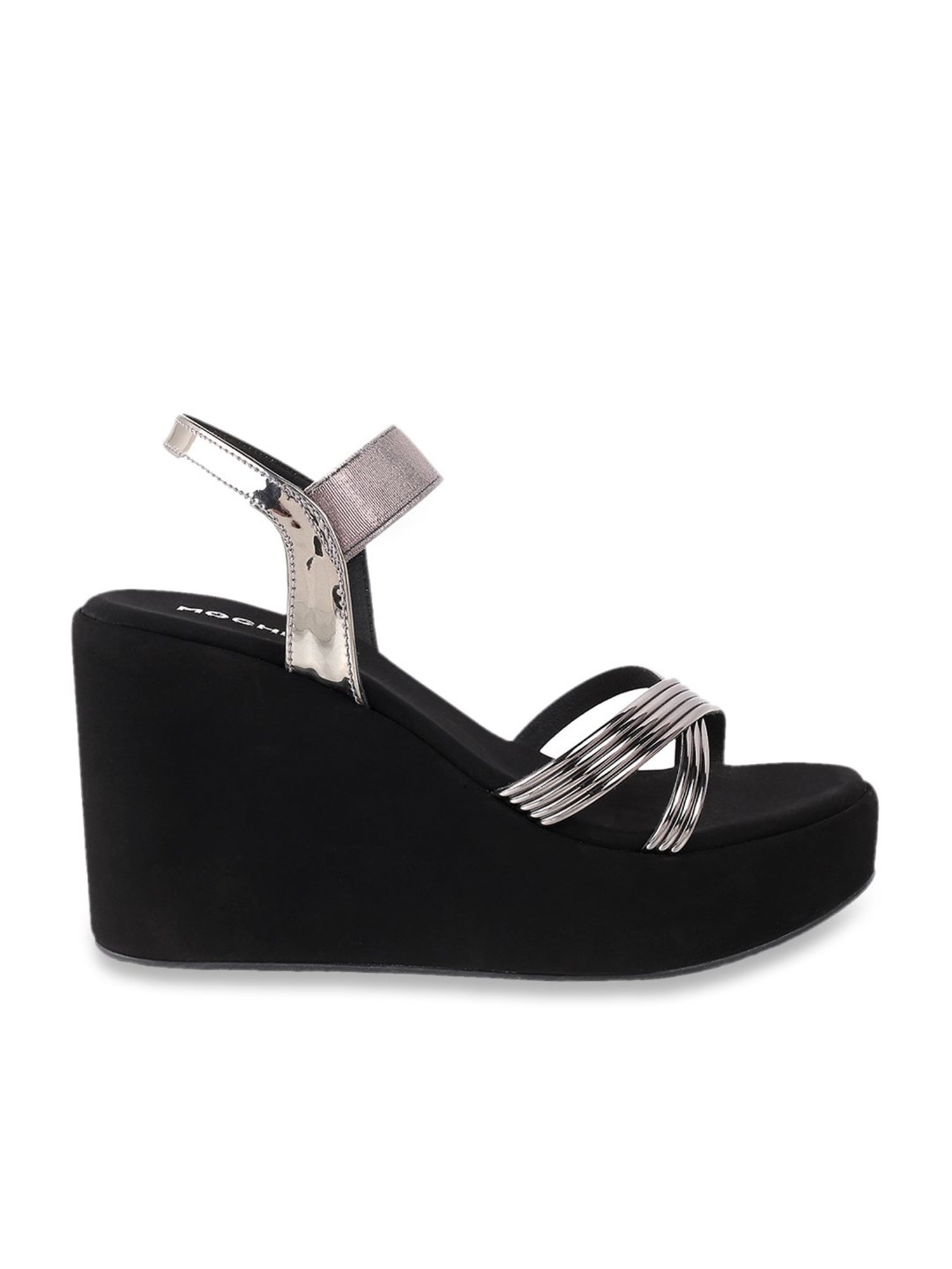 Mochi Women's Gun Metal Cross Strap Wedges