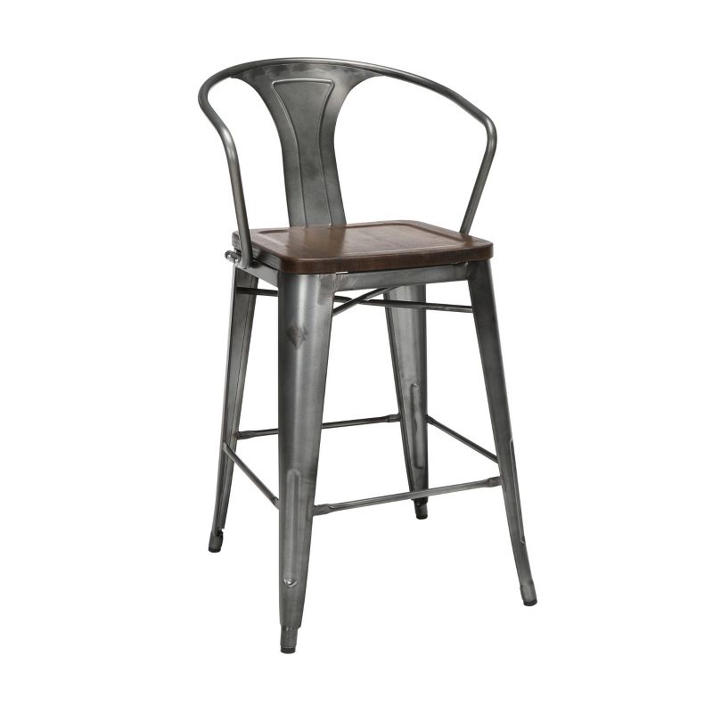 Set of 4 26" Industrial Modern Mid Back Galvanized Steel Counter Height Barstool with Arms and Solid Ash Wood Seats Gunmetal/Walnut - OFM