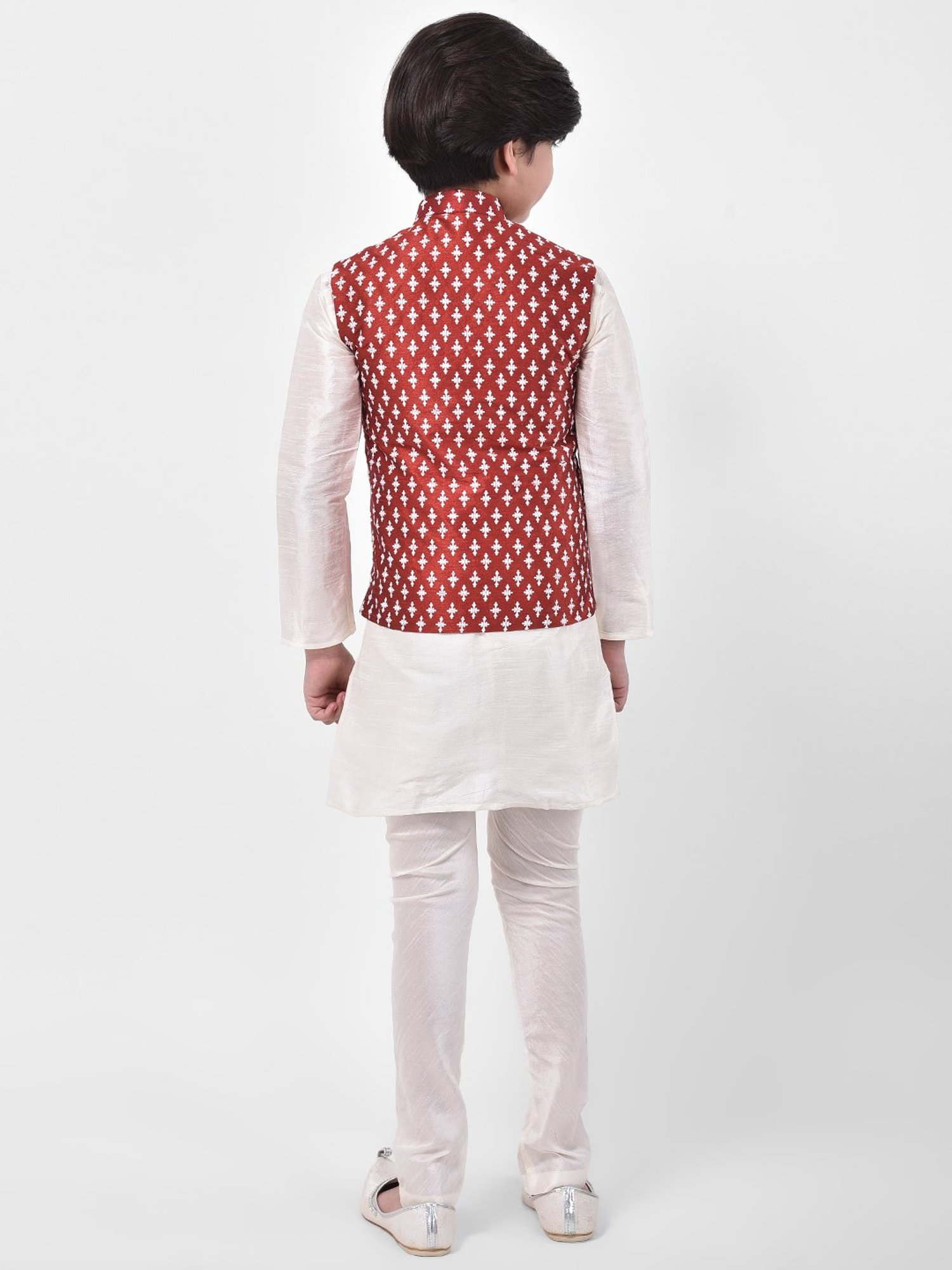 Deyann Kids Off White & Red Printed Full Sleeves Kurta, Churidar Pants with Nehru Jacket