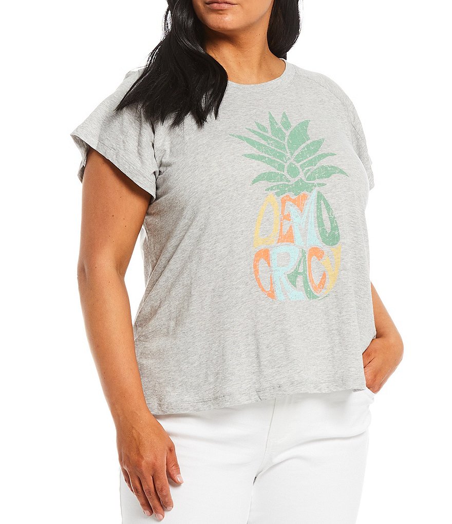 Democracy Plus Size Flutter Short Sleeve Screen Print Crew Neck Boyfriend Tee