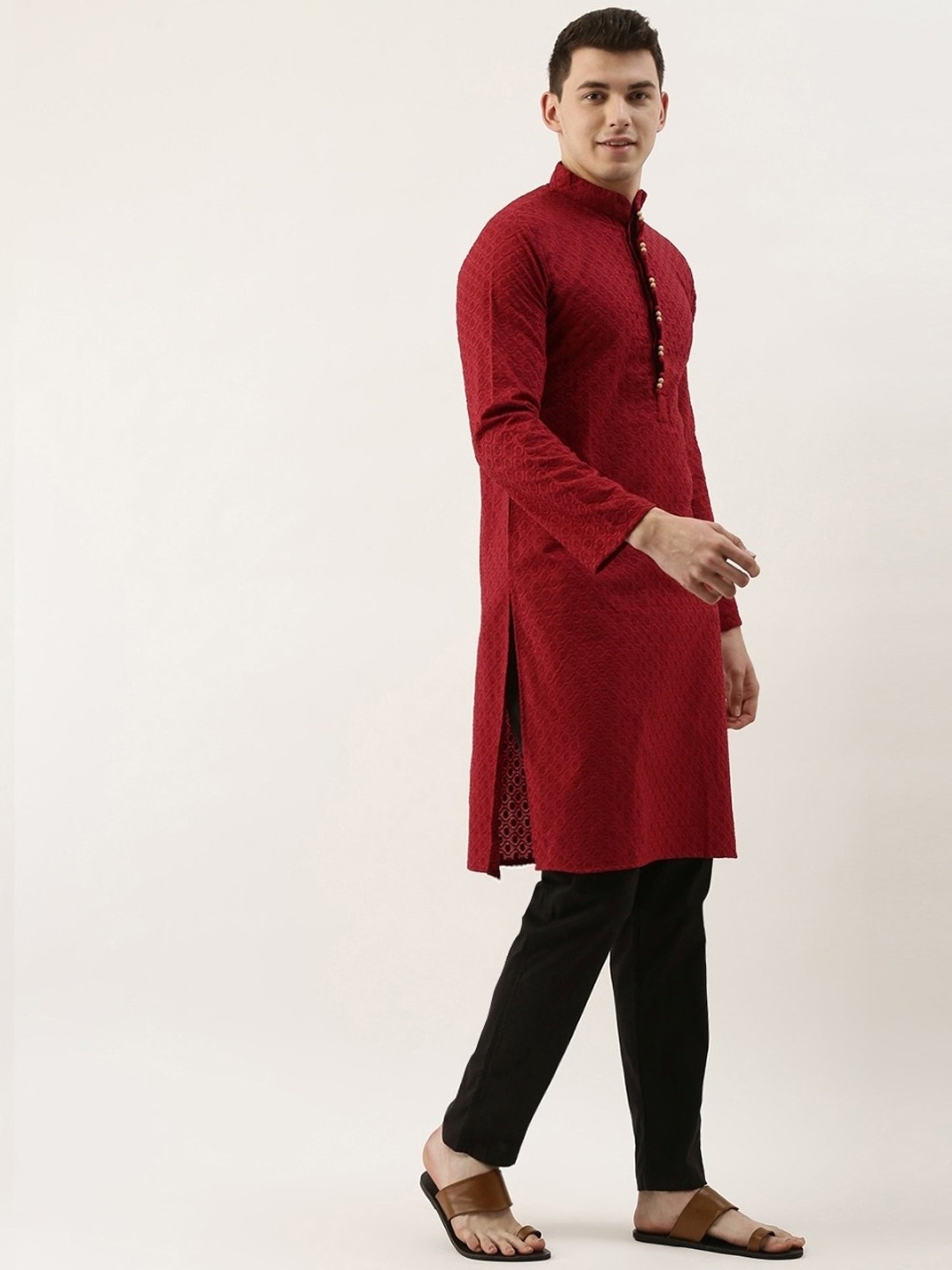 SWAGG INDIA Maroon Cotton Regular Fit Embroidered Kurta