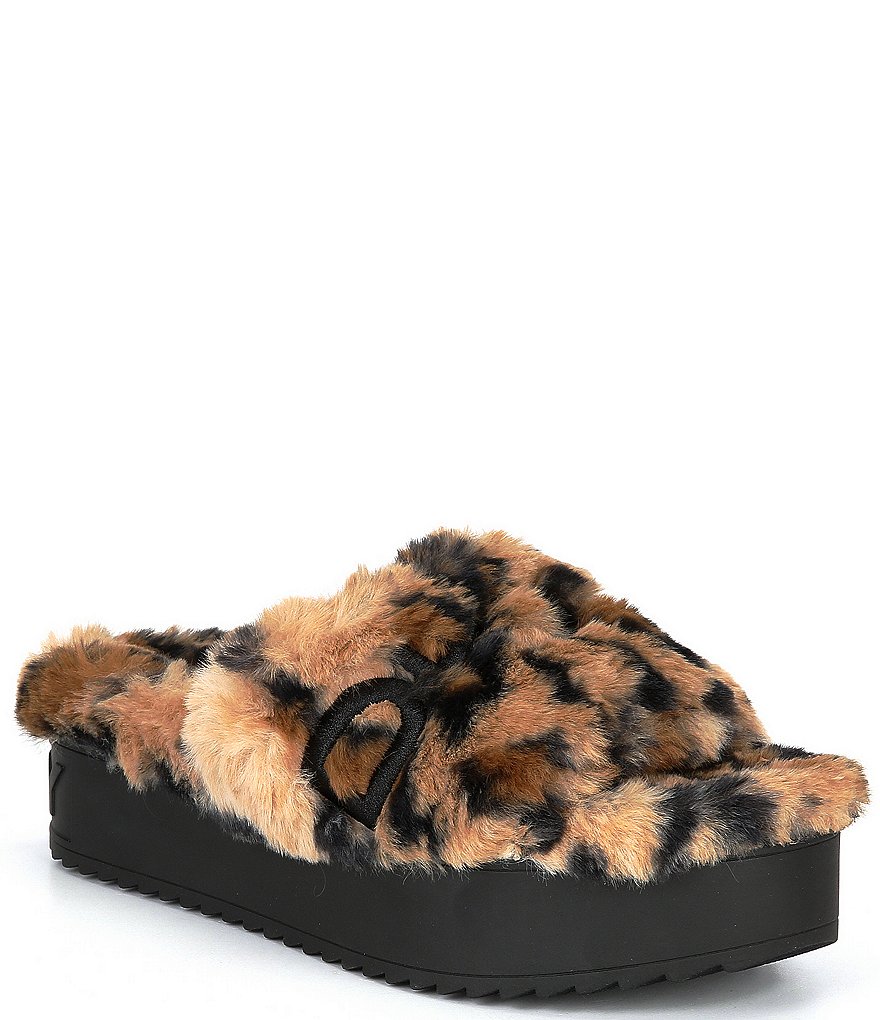 DKNY Palz Leopard Print Faux Fur Signature Logo Platform Slides